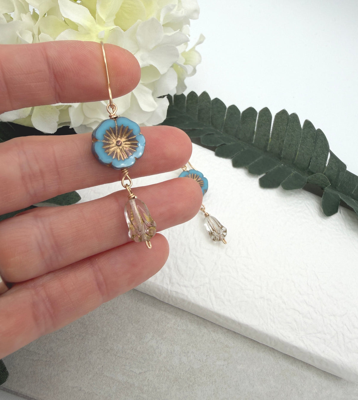Earrings with Blue Czech Glass Flowers and Gold Czech Glass Tulip Beads GHE-206