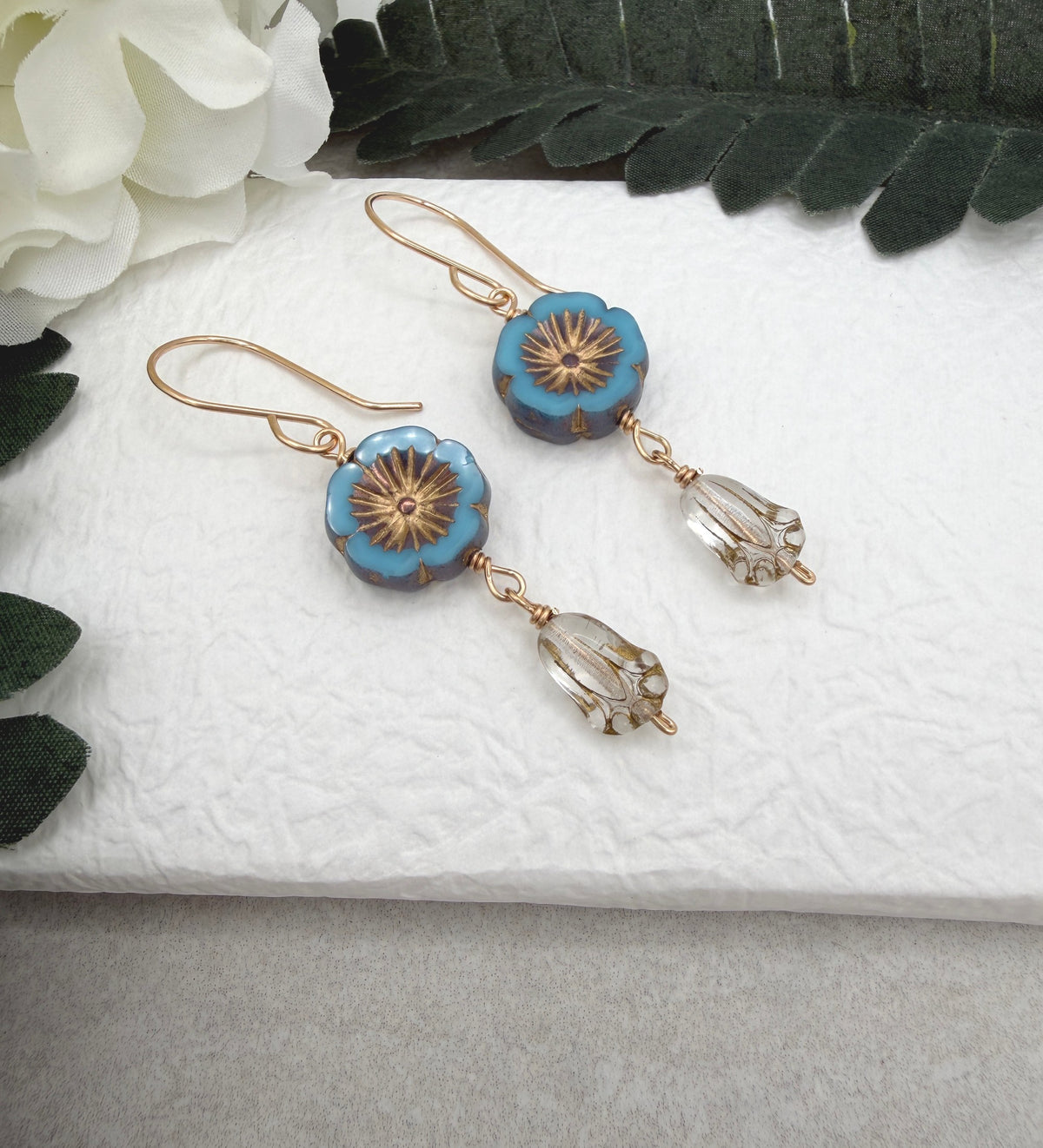 Earrings with Blue Czech Glass Flowers and Gold Czech Glass Tulip Beads GHE-206