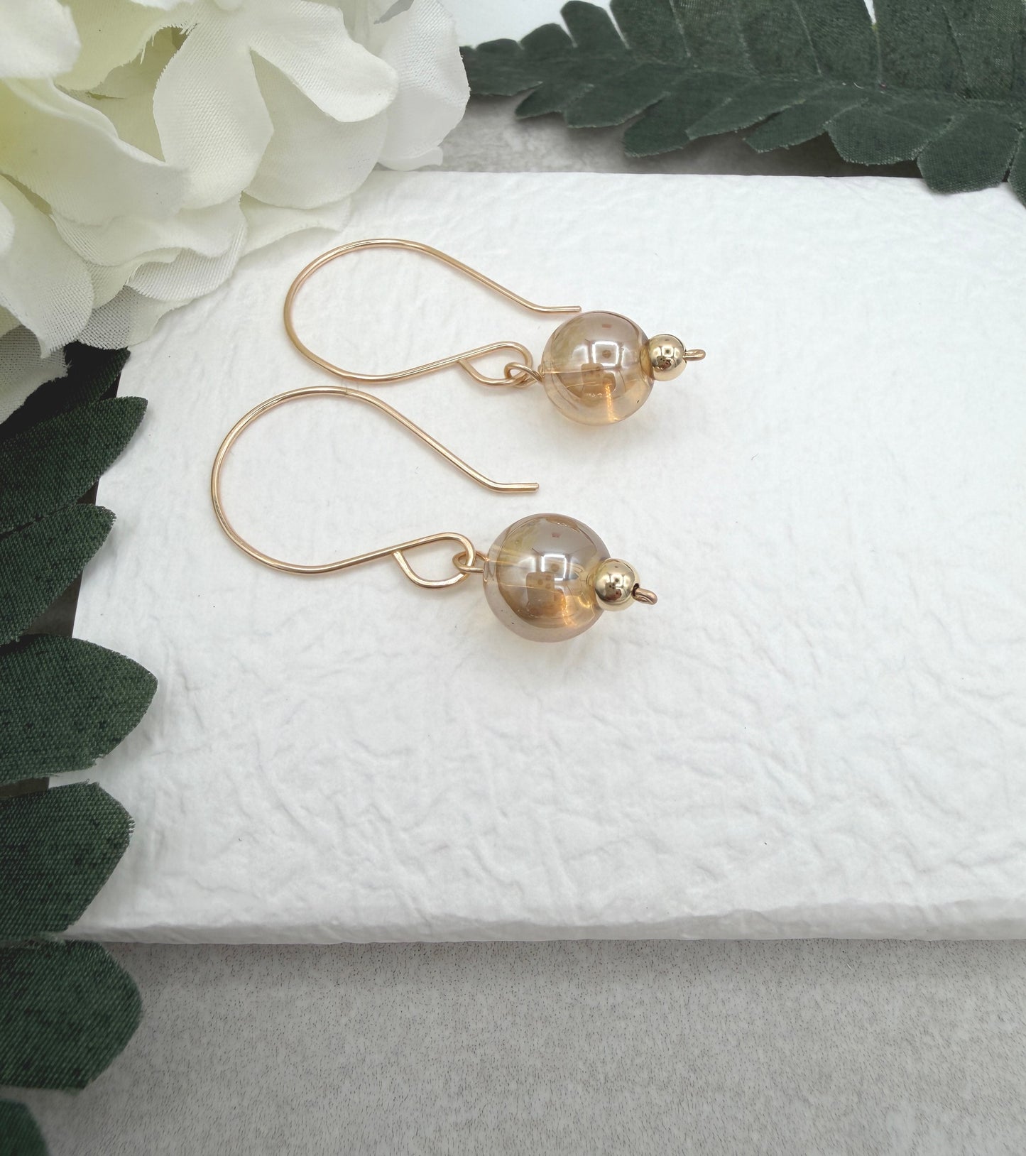 Earrings with Gold Glass AB Beads and Gold Filled Beads on Gold Filled Wires GHE-209