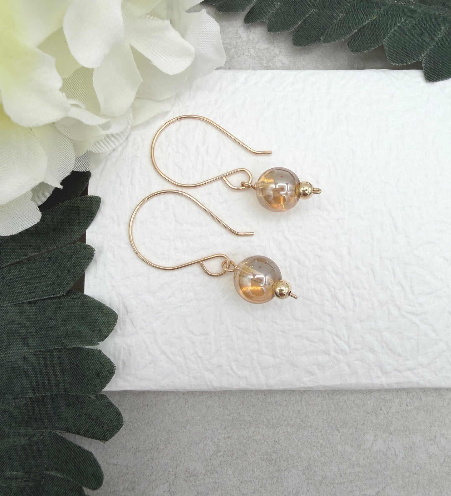 Earrings with Gold Glass AB Beads and Gold Filled Beads on Gold Filled Wires GHE-209