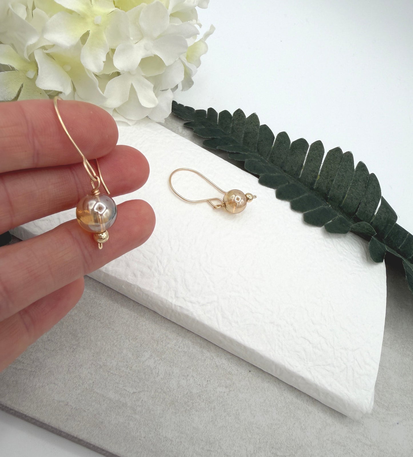 Earrings with Gold Glass AB Beads and Gold Filled Beads on Gold Filled Wires GHE-209