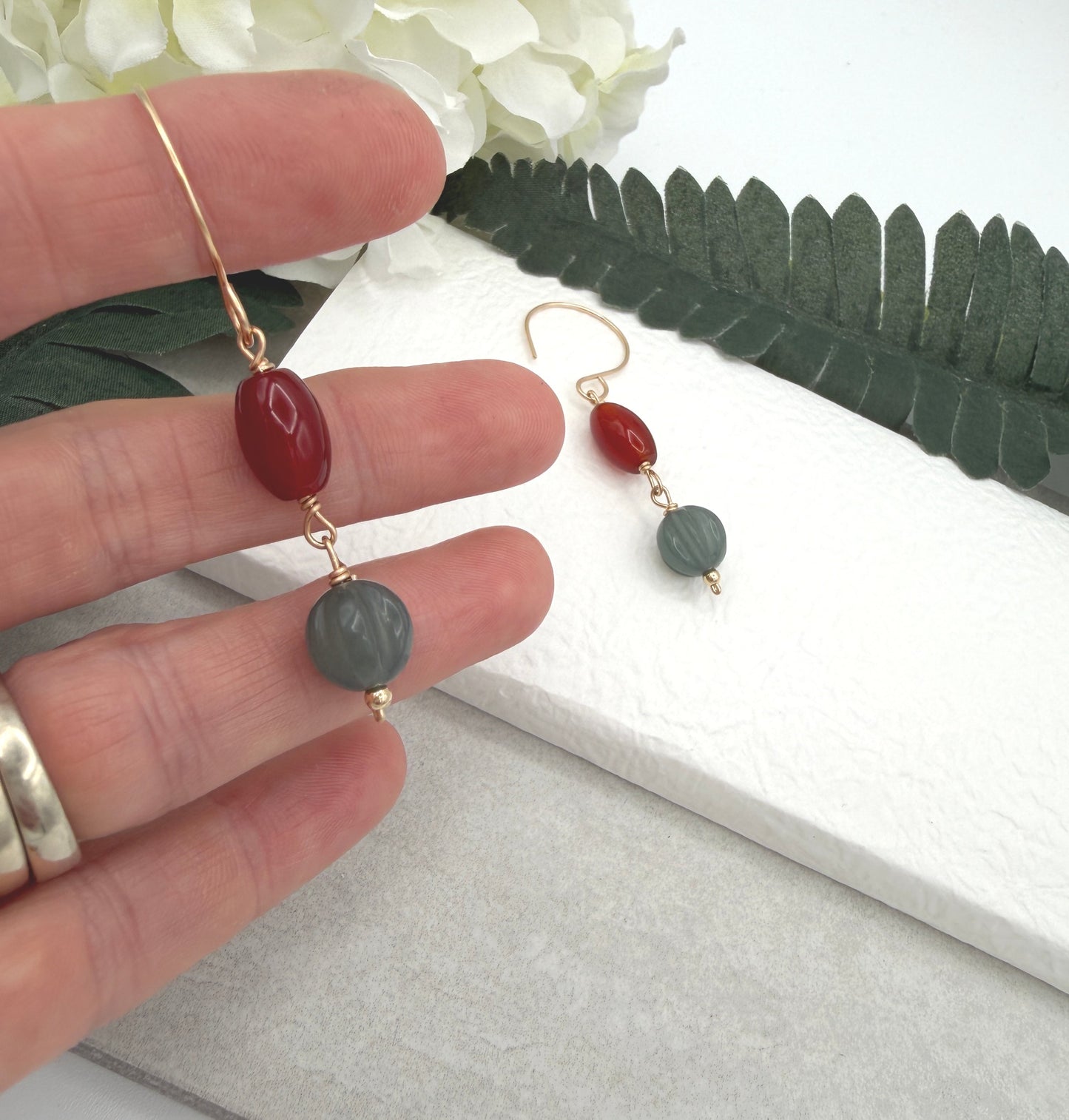 Earrings with Red Agate and Blue Jade Beads on Gold Filled Wires GHE-210