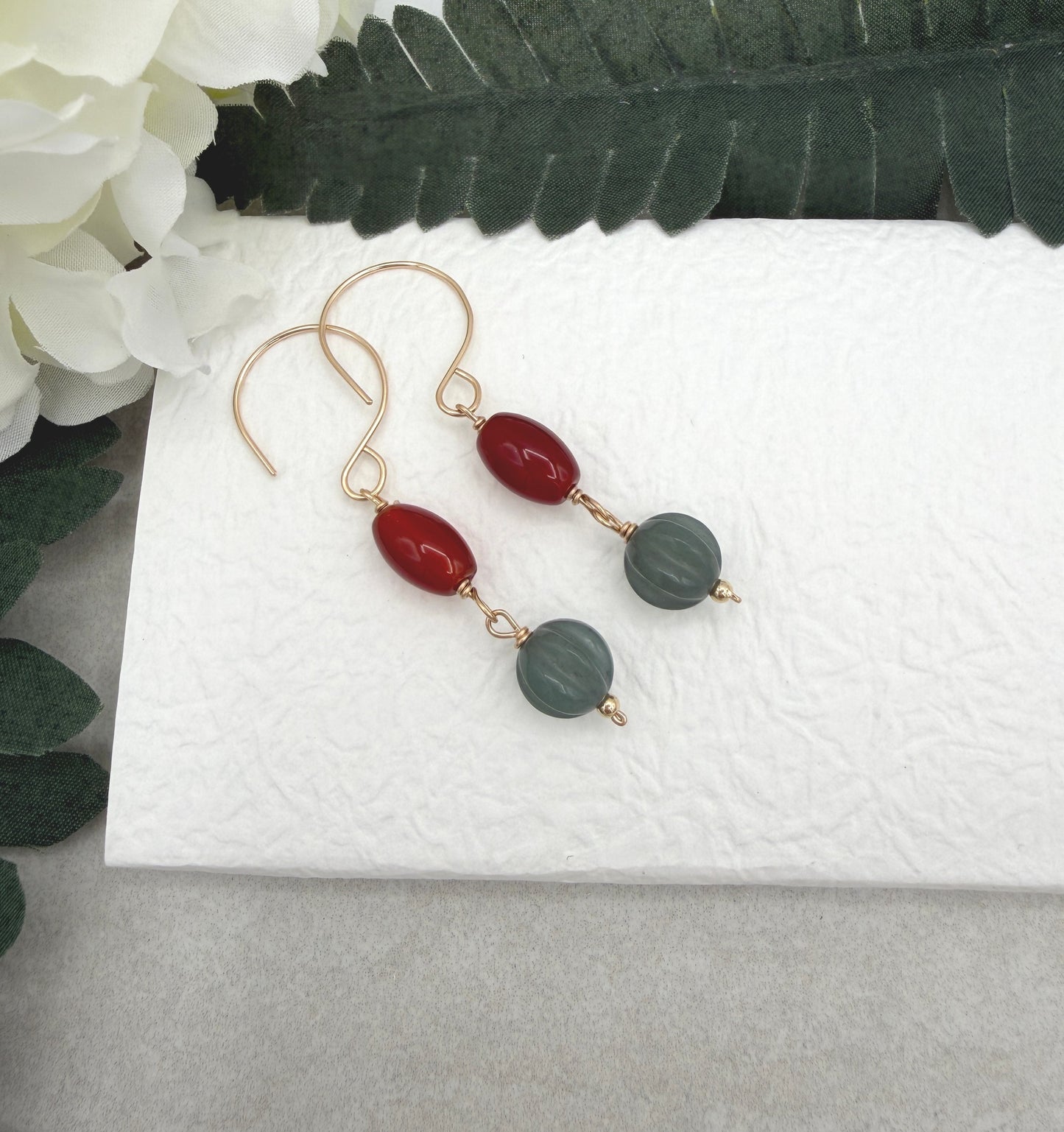 Earrings with Red Agate and Blue Jade Beads on Gold Filled Wires GHE-210