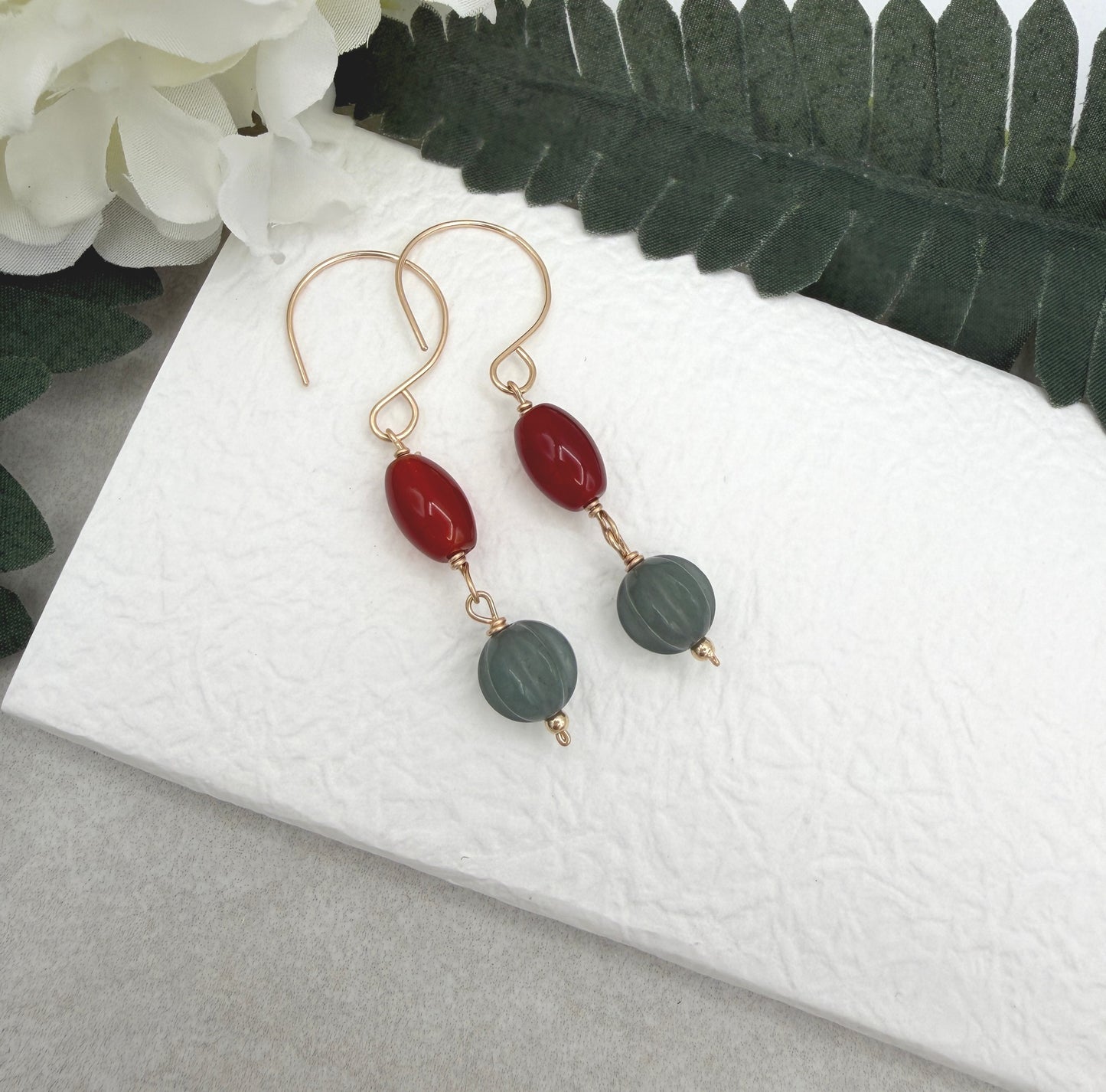 Earrings with Red Agate and Blue Jade Beads on Gold Filled Wires GHE-210