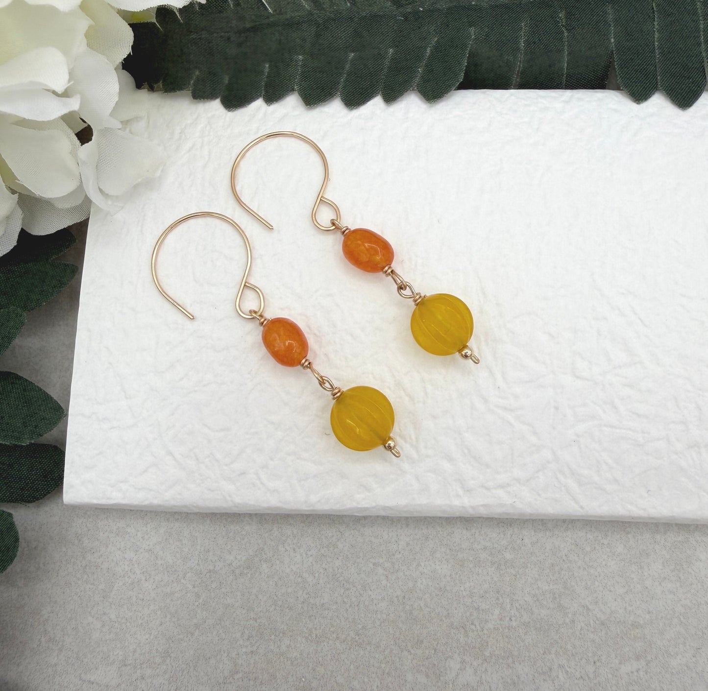 Earrings with Orange and Yellow Jade Beads on Gold Filled Wires GHE-211