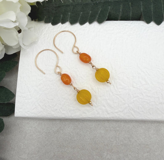 Earrings with Orange and Yellow Jade Beads on Gold Filled Wires GHE-211