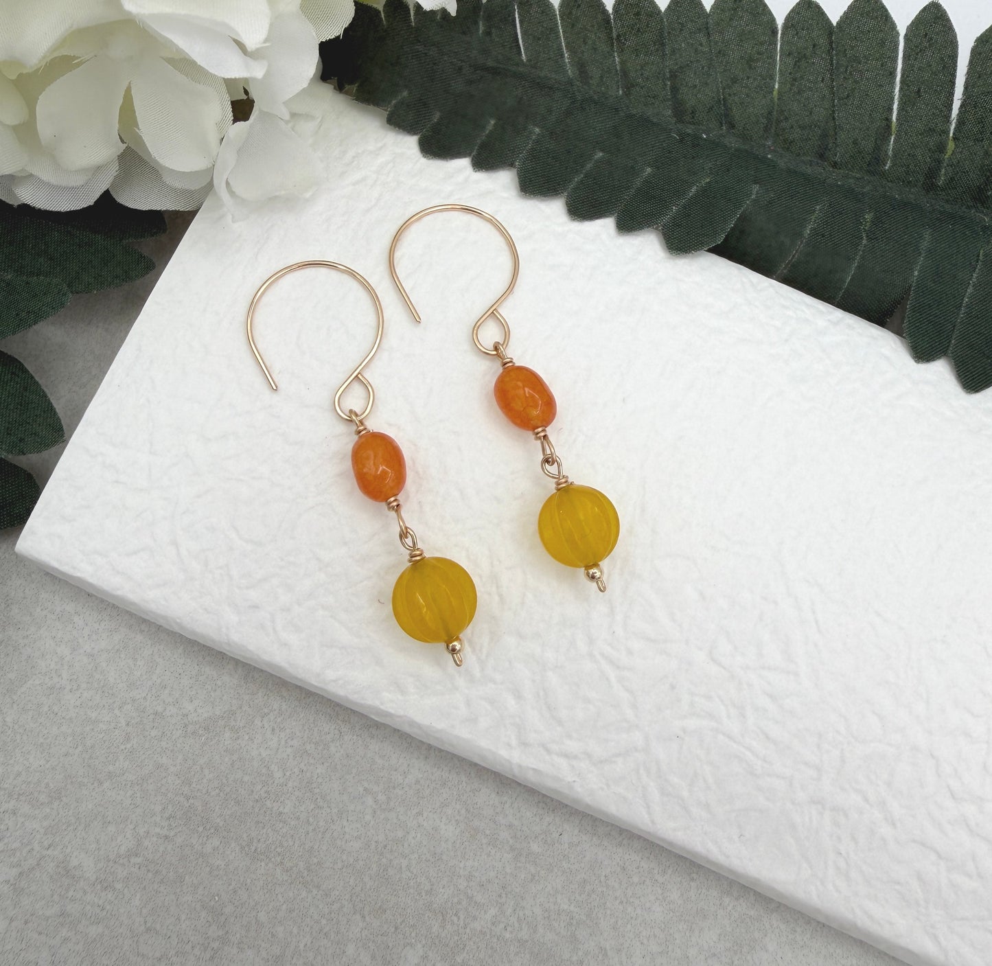 Earrings with Orange and Yellow Jade Beads on Gold Filled Wires GHE-211