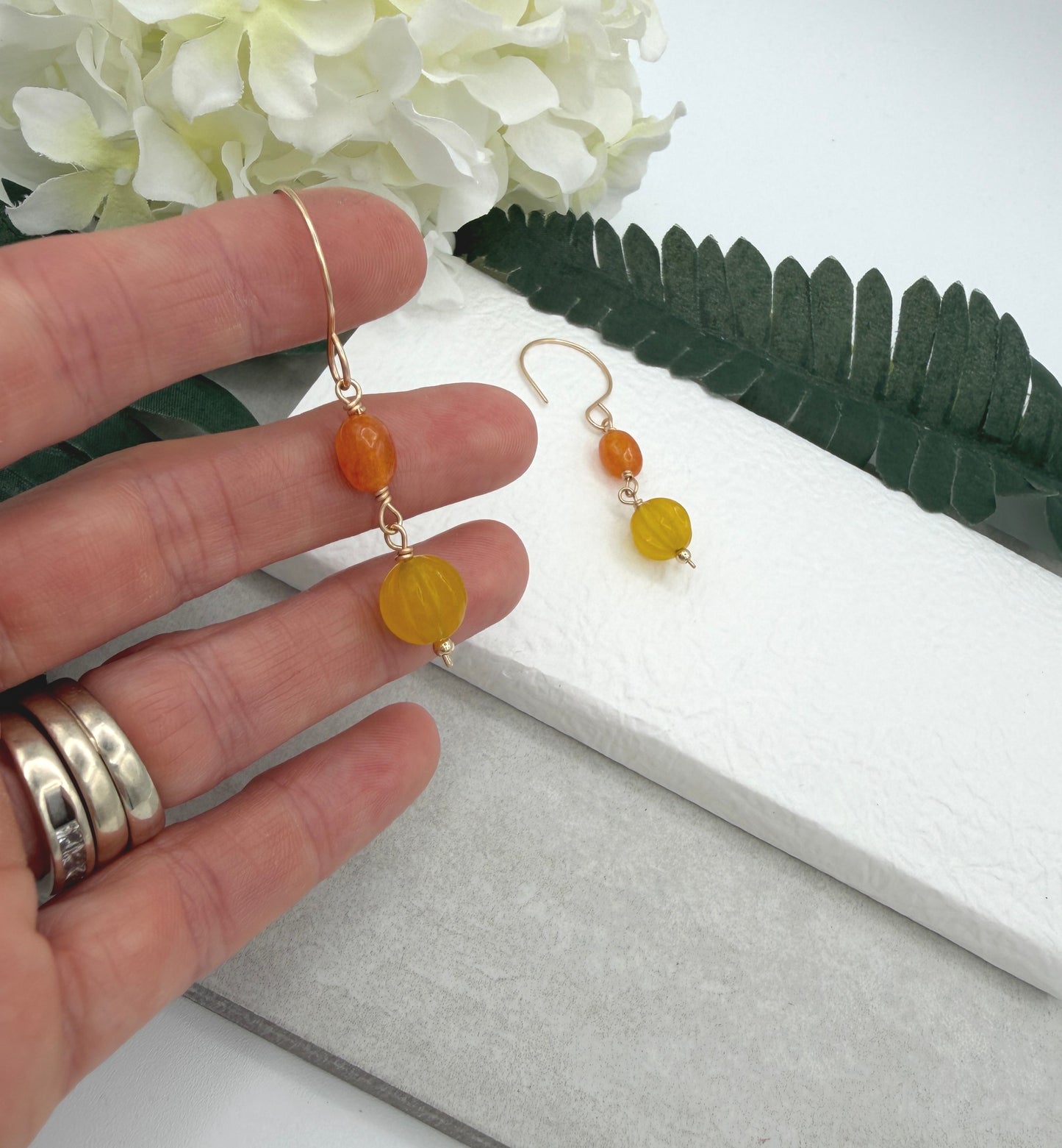 Earrings with Orange and Yellow Jade Beads on Gold Filled Wires GHE-211