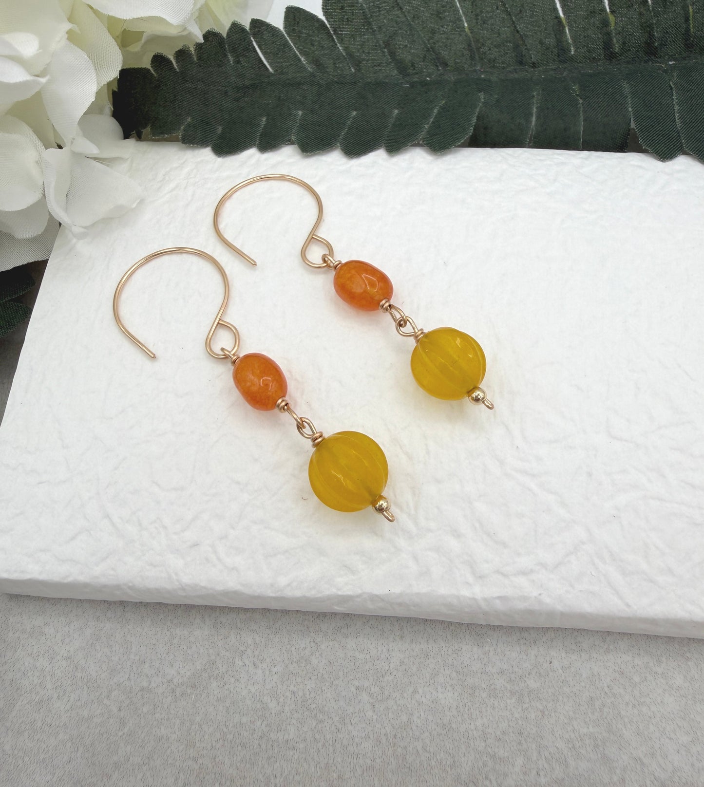 Earrings with Orange and Yellow Jade Beads on Gold Filled Wires GHE-211