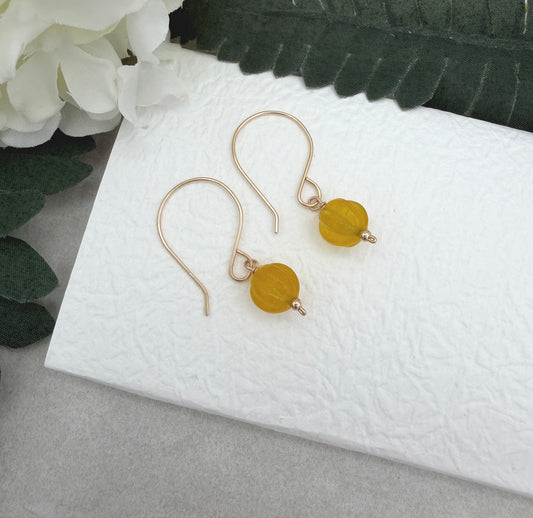 Earrings with Yellow Jade Beads on Gold Filled Wires GHE-212