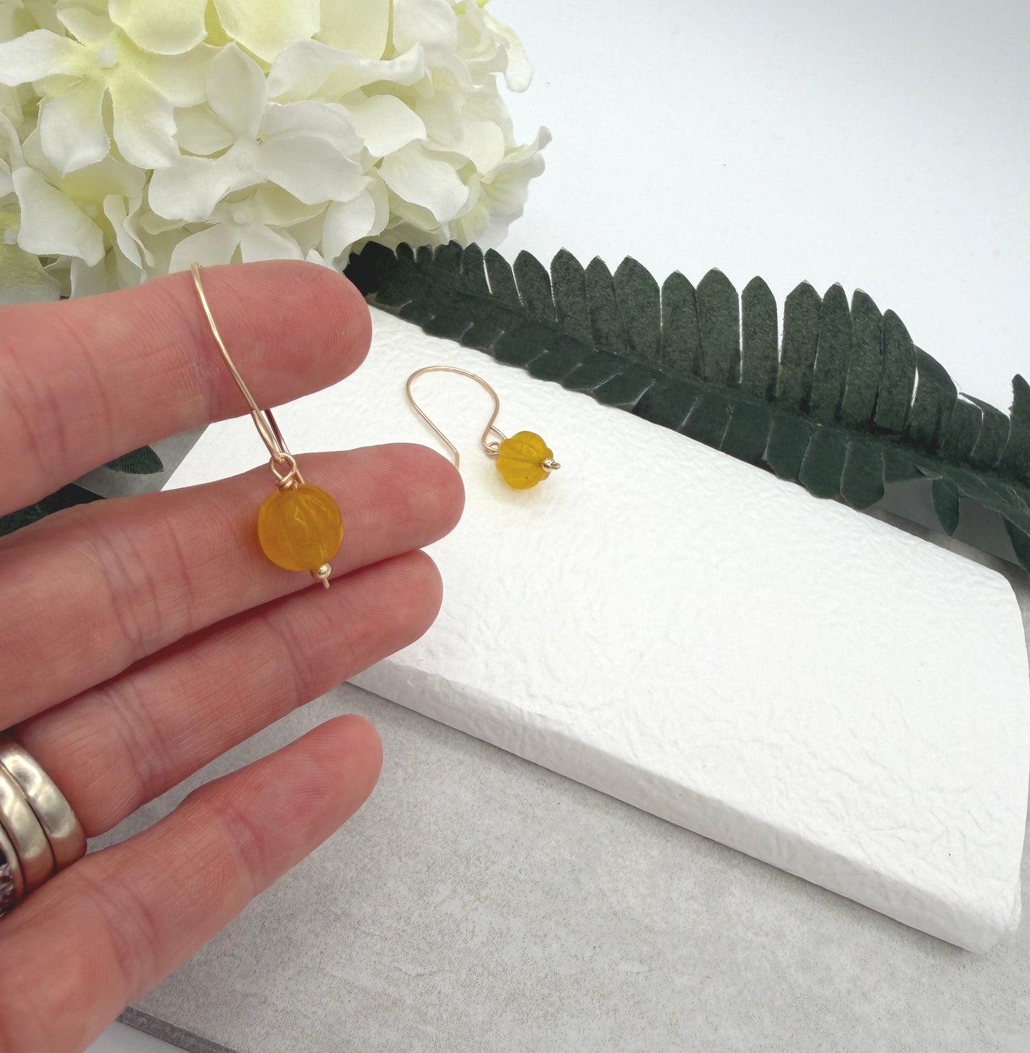 Earrings with Yellow Jade Beads on Gold Filled Wires GHE-212