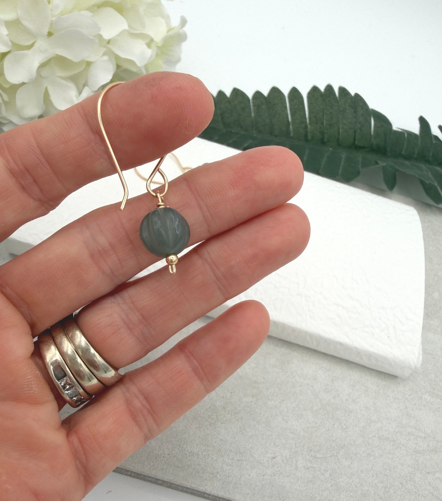 Earrings with Blue Gray Jade Beads on Gold Filled Wires GHE-213