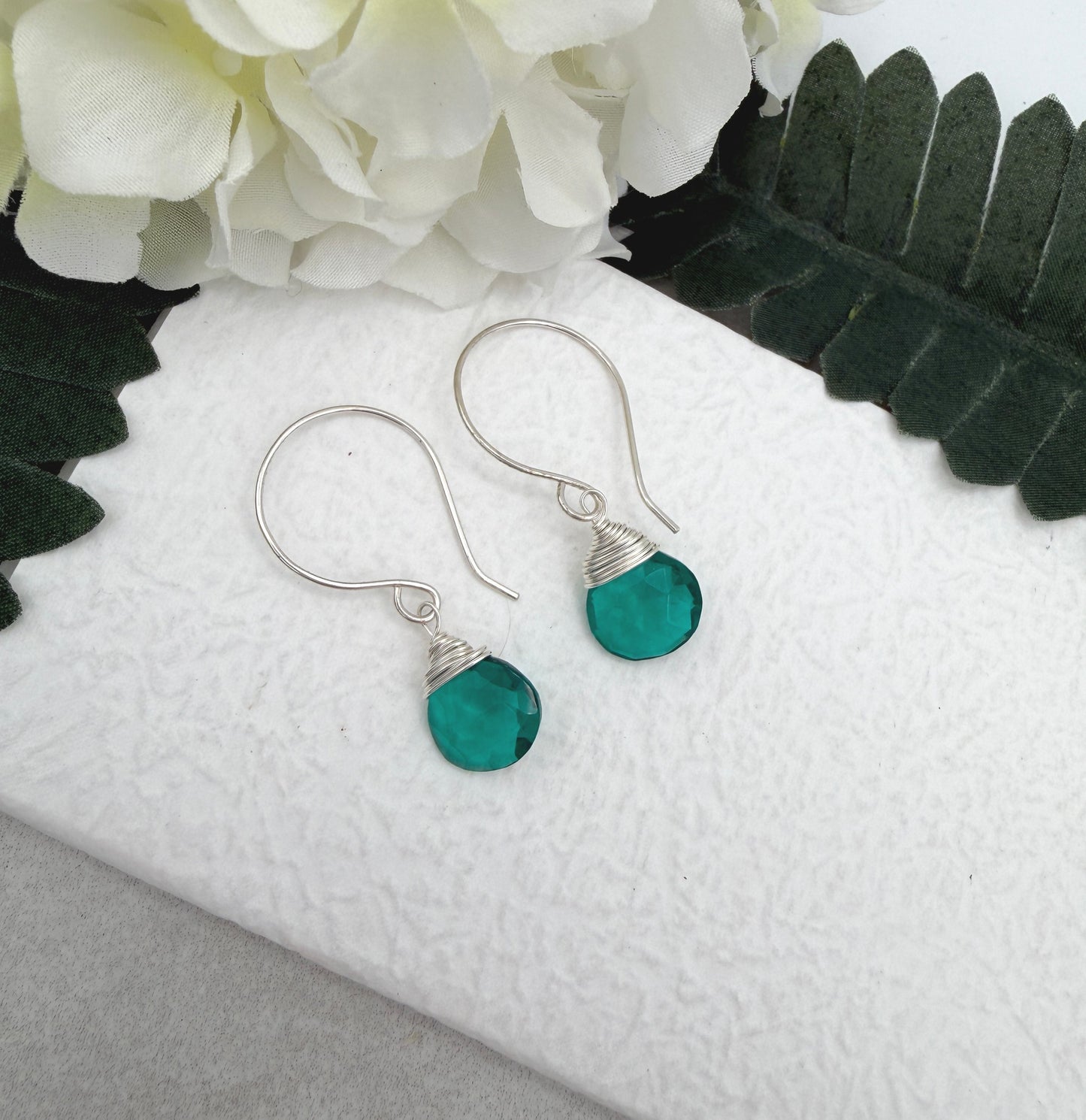 Earrings with Wire Wrapped Teal Quartz Teardrops on Sterling Silver Earring Wires HE-550