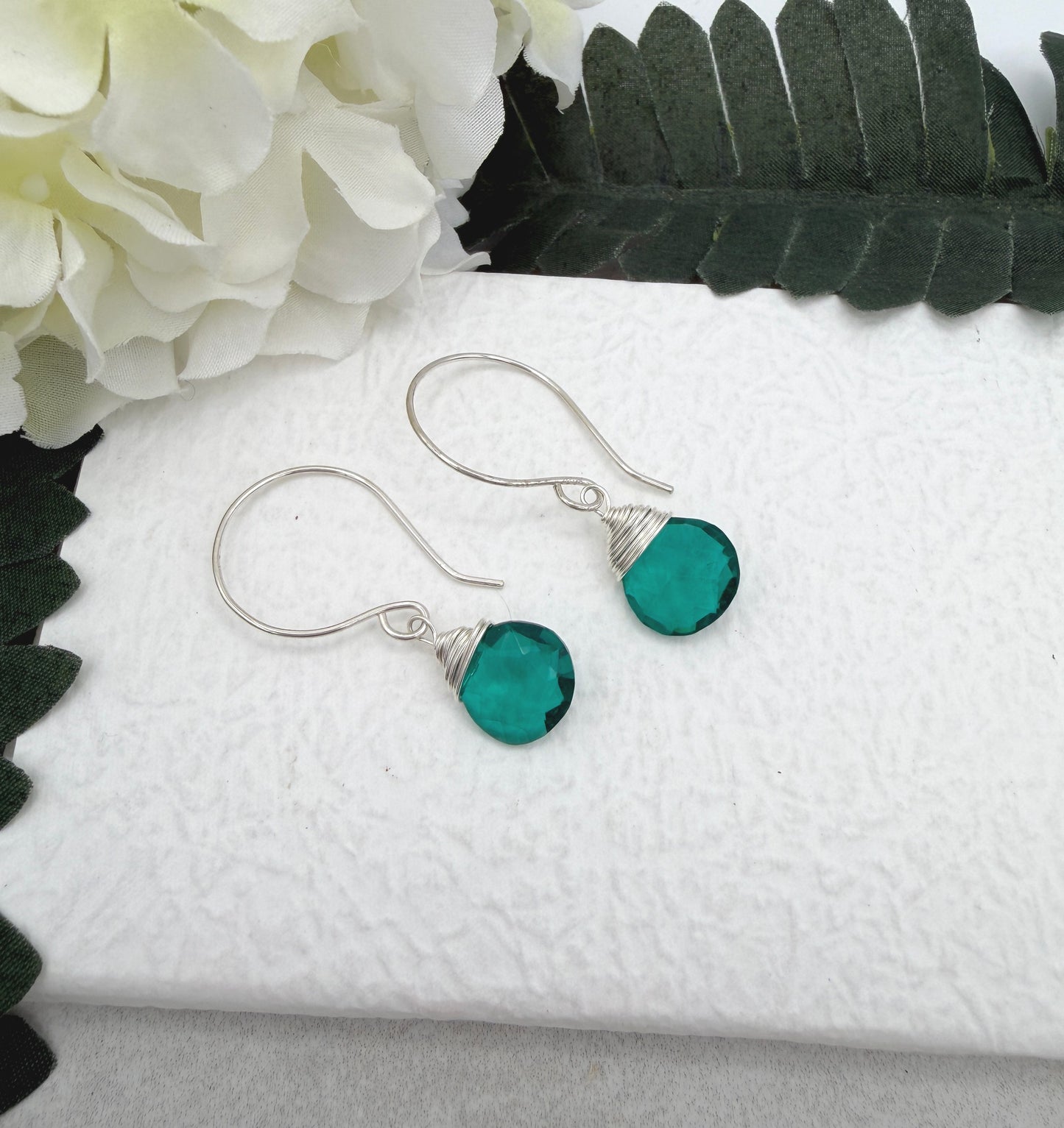 Earrings with Wire Wrapped Teal Quartz Teardrops on Sterling Silver Earring Wires HE-550