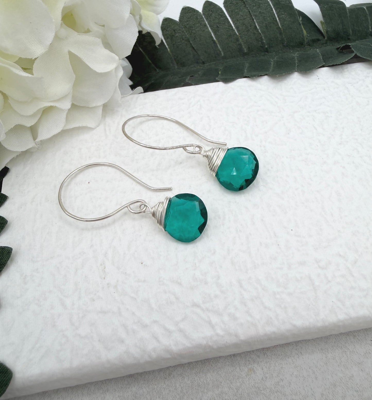 Earrings with Wire Wrapped Teal Quartz Teardrops on Sterling Silver Earring Wires HE-550
