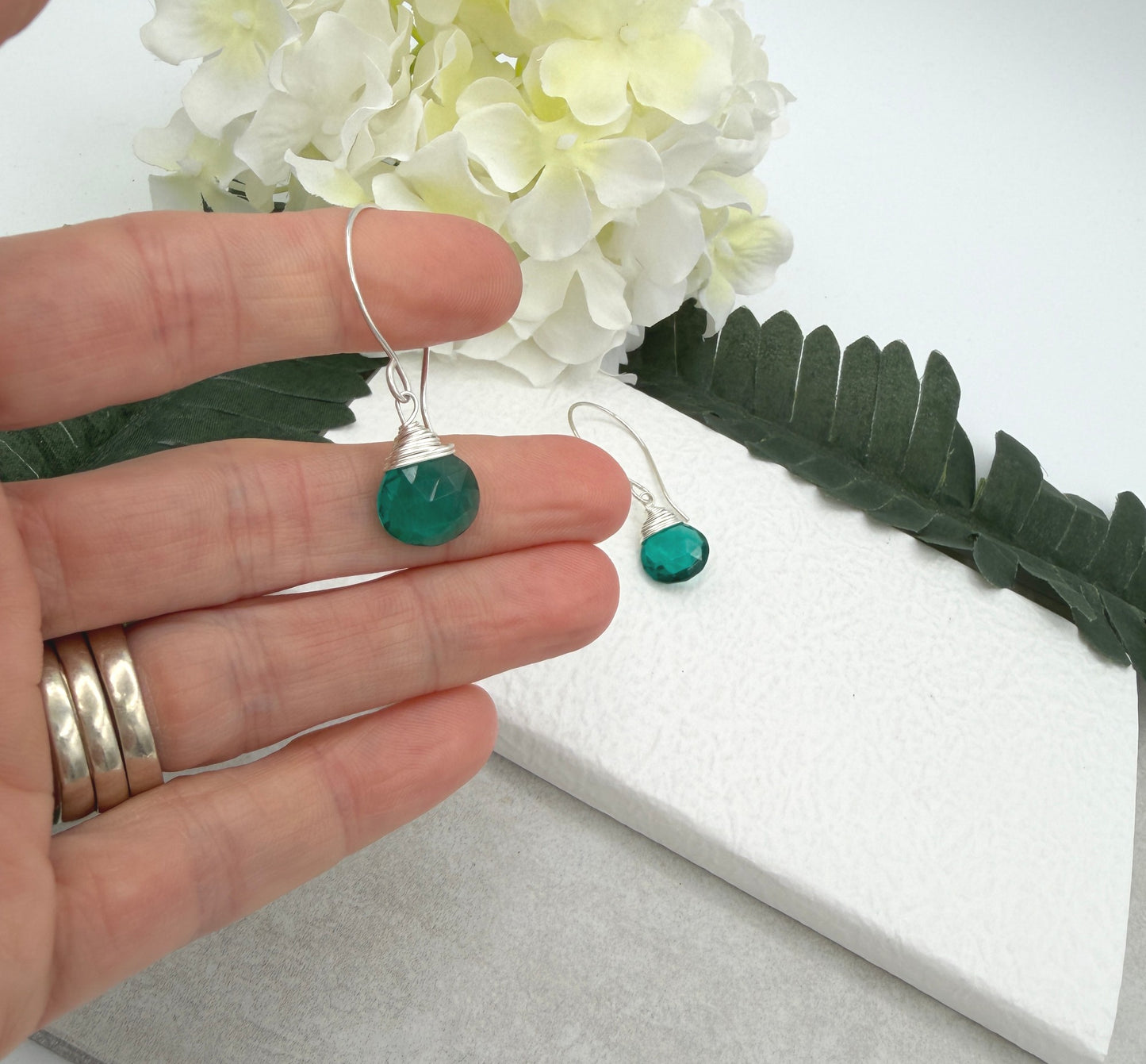 Earrings with Wire Wrapped Teal Quartz Teardrops on Sterling Silver Earring Wires HE-550