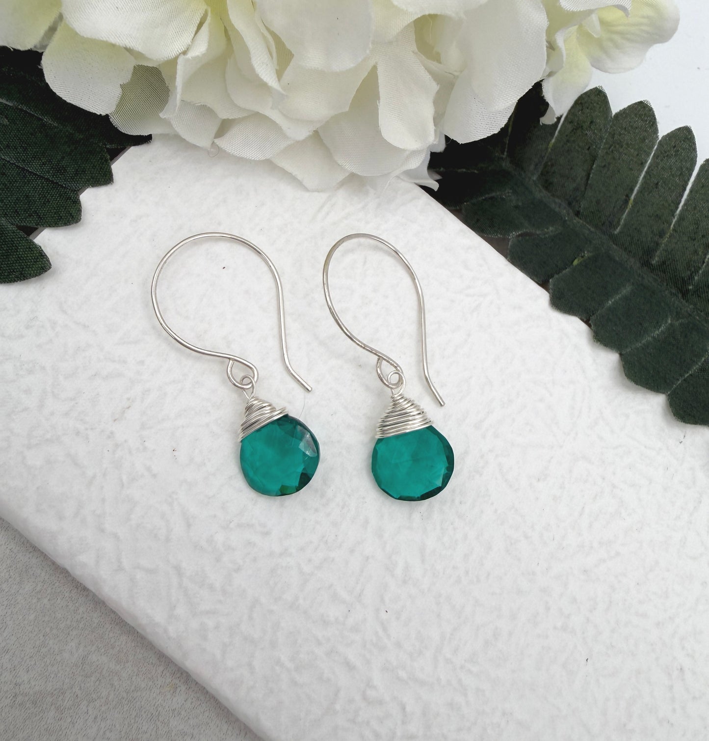 Earrings with Wire Wrapped Teal Quartz Teardrops on Sterling Silver Earring Wires HE-550