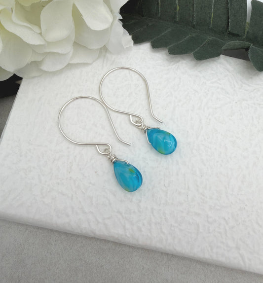 Earrings with Wire Wrapped Blue and Yellow Glass Teardrops HE-557