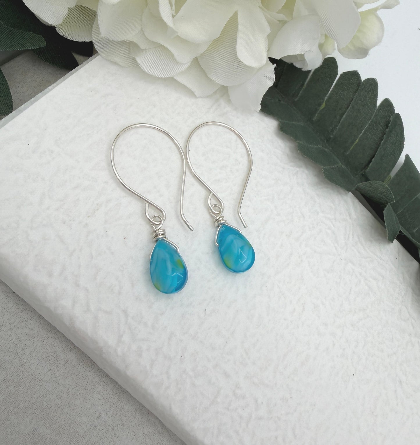 Earrings with Wire Wrapped Blue and Yellow Glass Teardrops HE-557