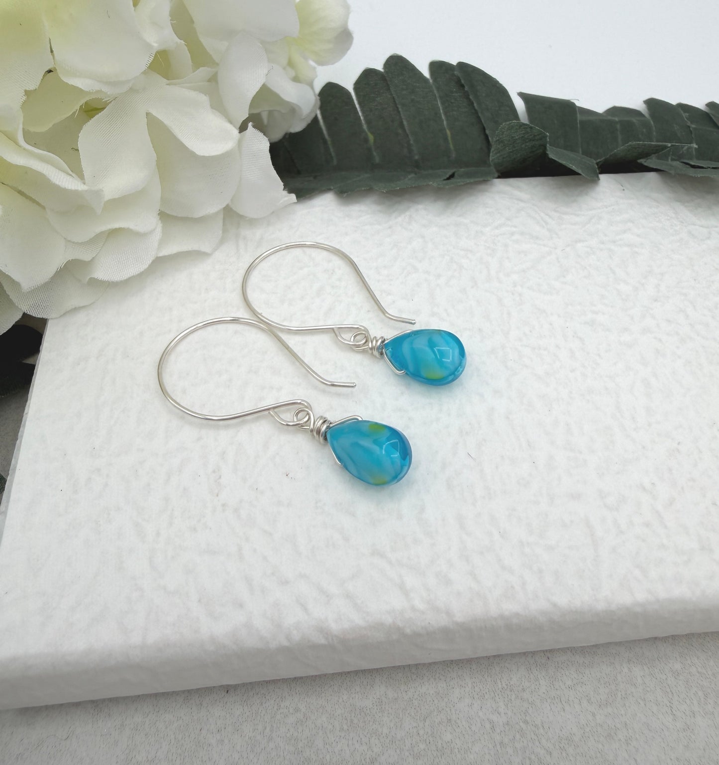 Earrings with Wire Wrapped Blue and Yellow Glass Teardrops HE-557
