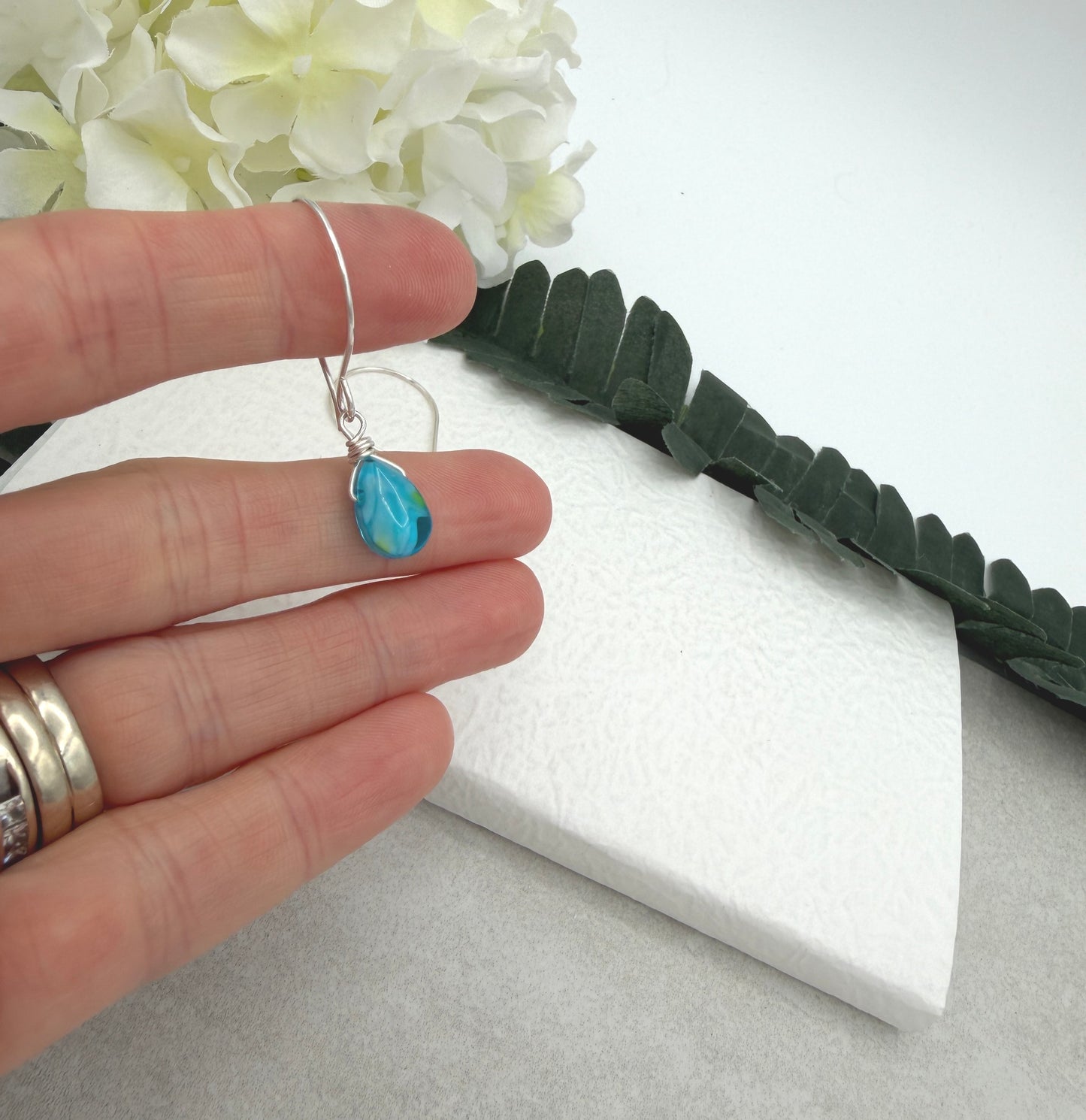 Earrings with Wire Wrapped Blue and Yellow Glass Teardrops HE-557