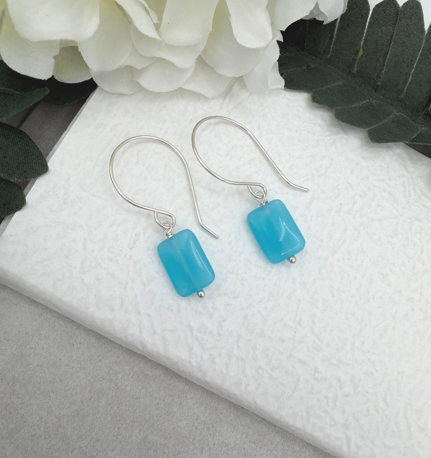 Earrings with Blue Rectangular Beads and Sterling Silver Ear Wires HE-558