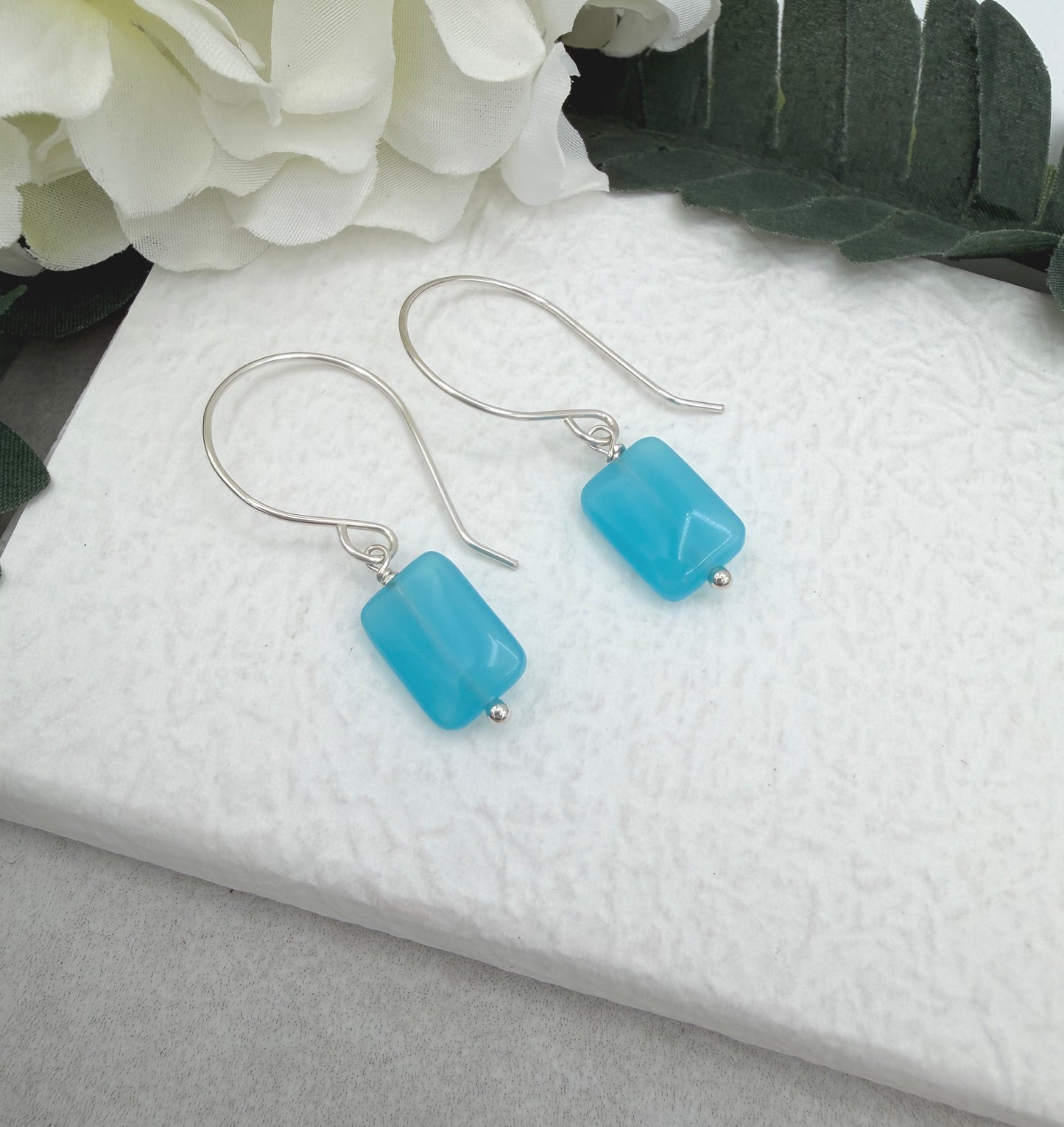 Earrings with Blue Rectangular Beads and Sterling Silver Ear Wires HE-558