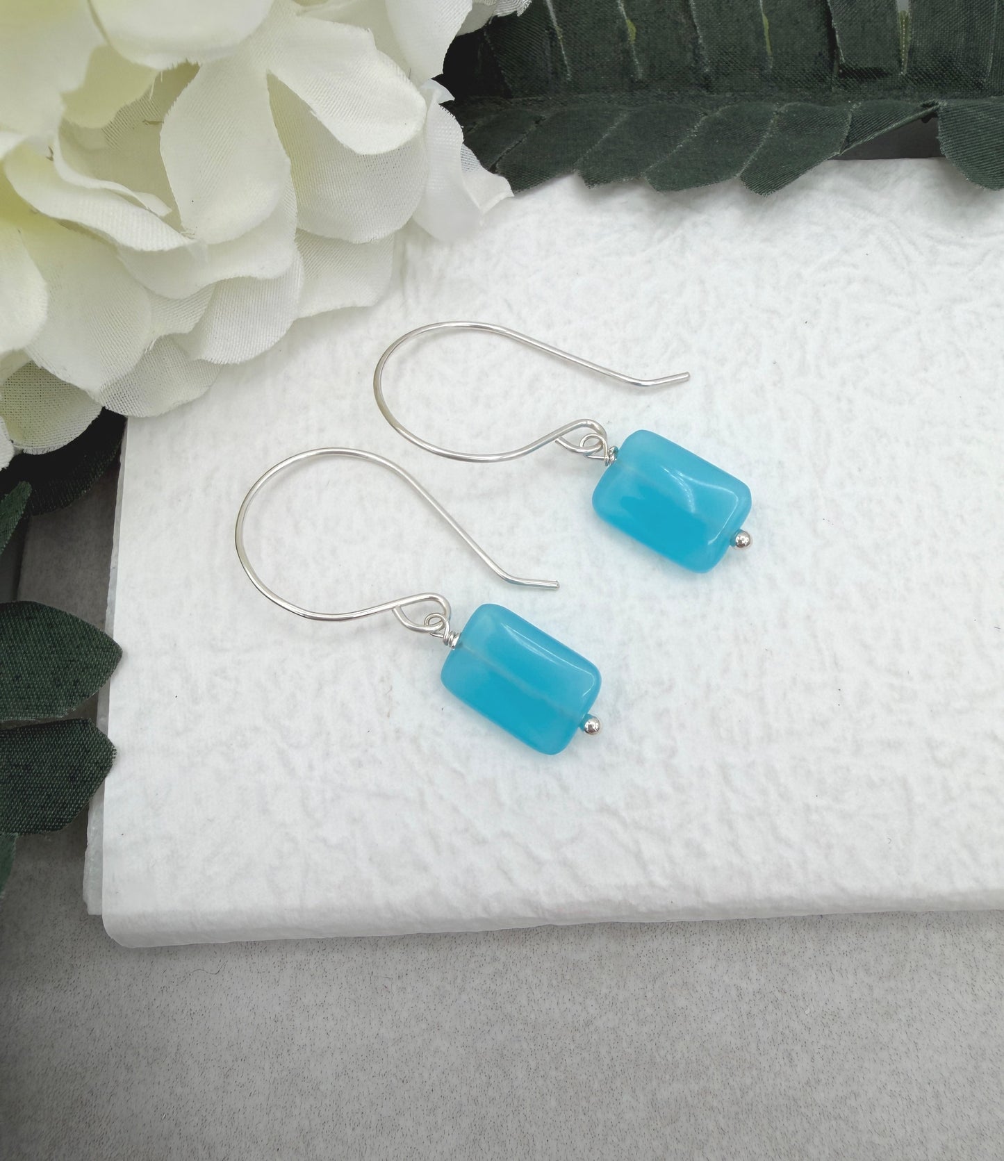 Earrings with Blue Rectangular Beads and Sterling Silver Ear Wires HE-558