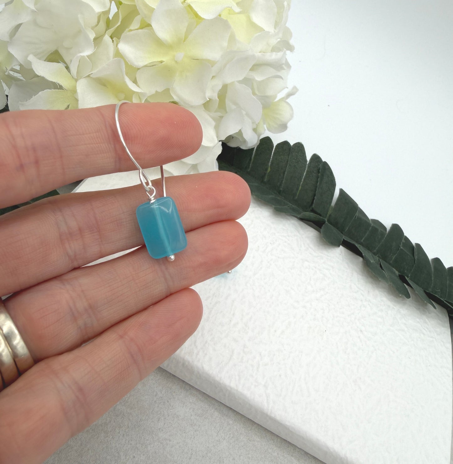 Earrings with Blue Rectangular Beads and Sterling Silver Ear Wires HE-558
