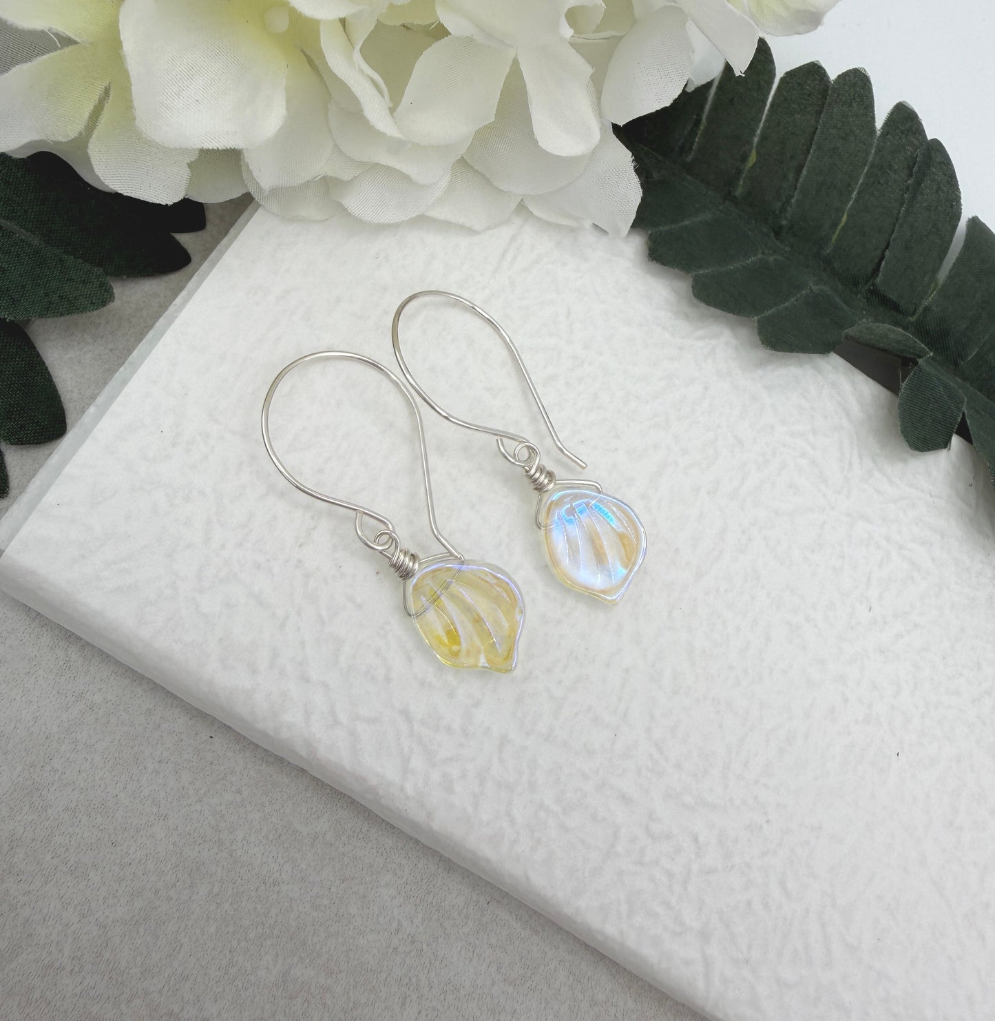 Earrings with Clear AB Glass Leaf Beads and Sterling Silver Ear Wires HE-559