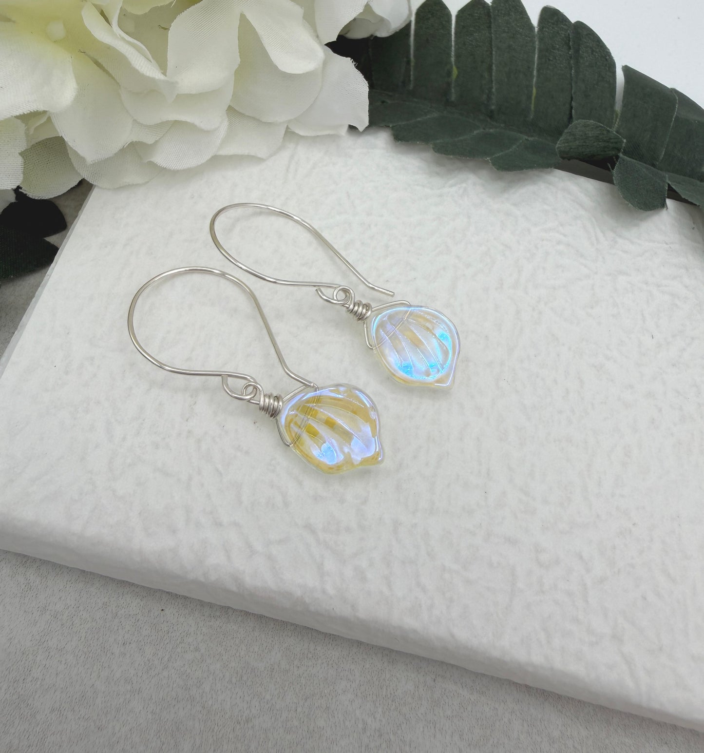 Earrings with Clear AB Glass Leaf Beads and Sterling Silver Ear Wires HE-559