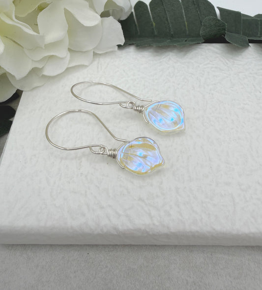 Earrings with Clear AB Glass Leaf Beads and Sterling Silver Ear Wires HE-559