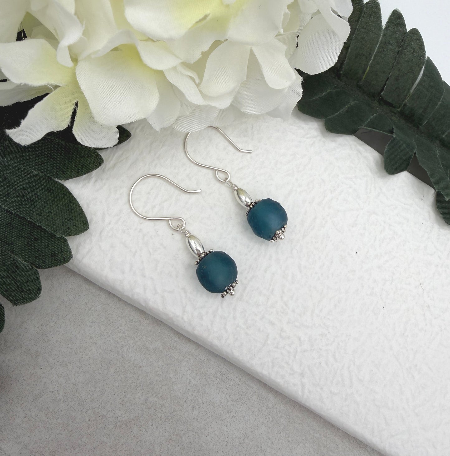 Earrings with Blue, Frosted Recycled Glass and Sterling Silver Beads on Sterling Silver Ear Wires HE-560