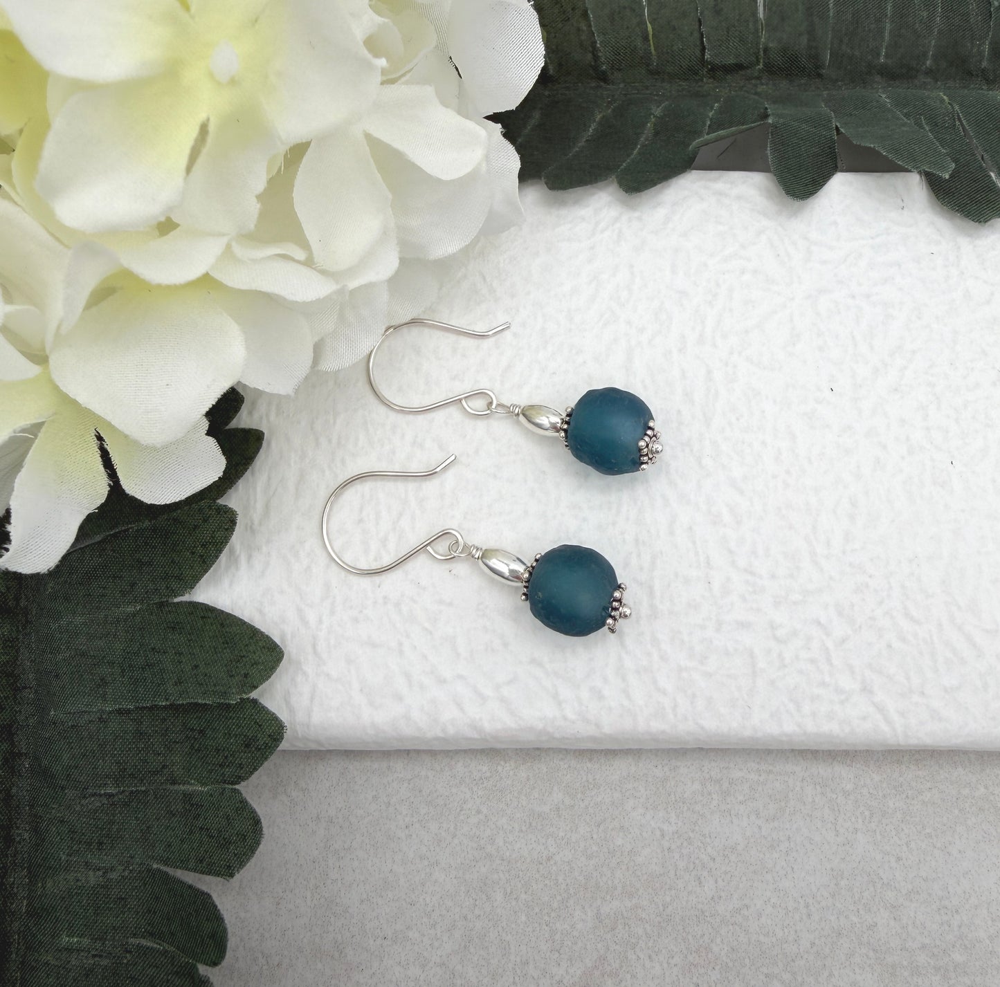 Earrings with Blue, Frosted Recycled Glass and Sterling Silver Beads on Sterling Silver Ear Wires HE-560