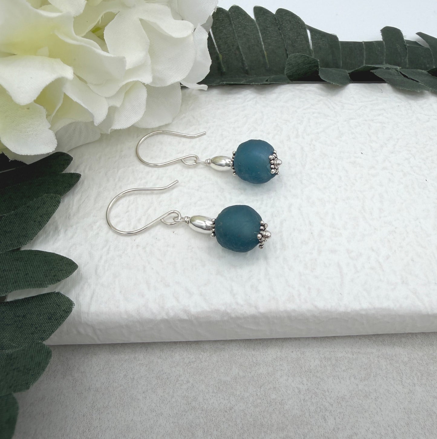 Earrings with Blue, Frosted Recycled Glass and Sterling Silver Beads on Sterling Silver Ear Wires HE-560