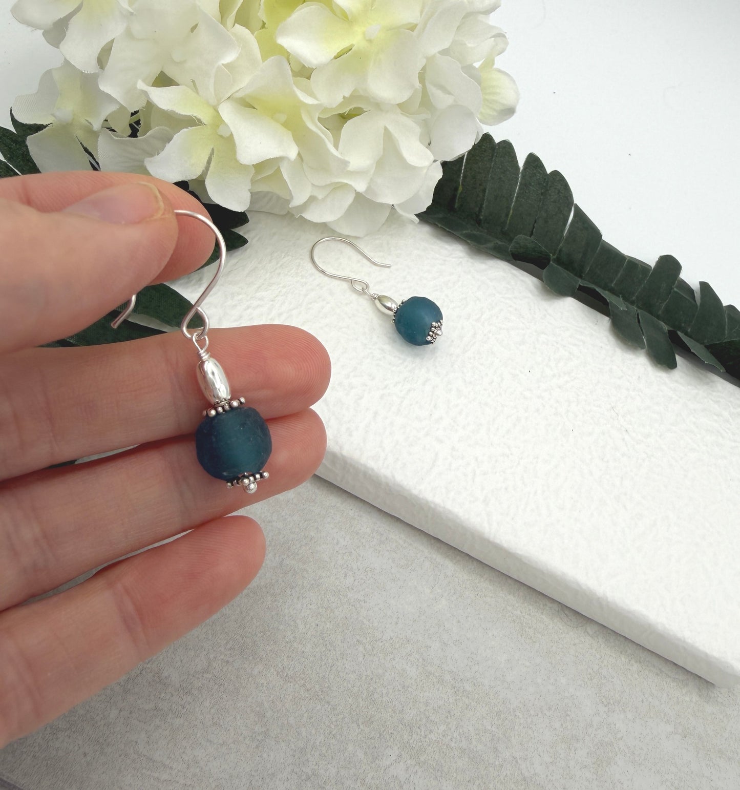 Earrings with Blue, Frosted Recycled Glass and Sterling Silver Beads on Sterling Silver Ear Wires HE-560