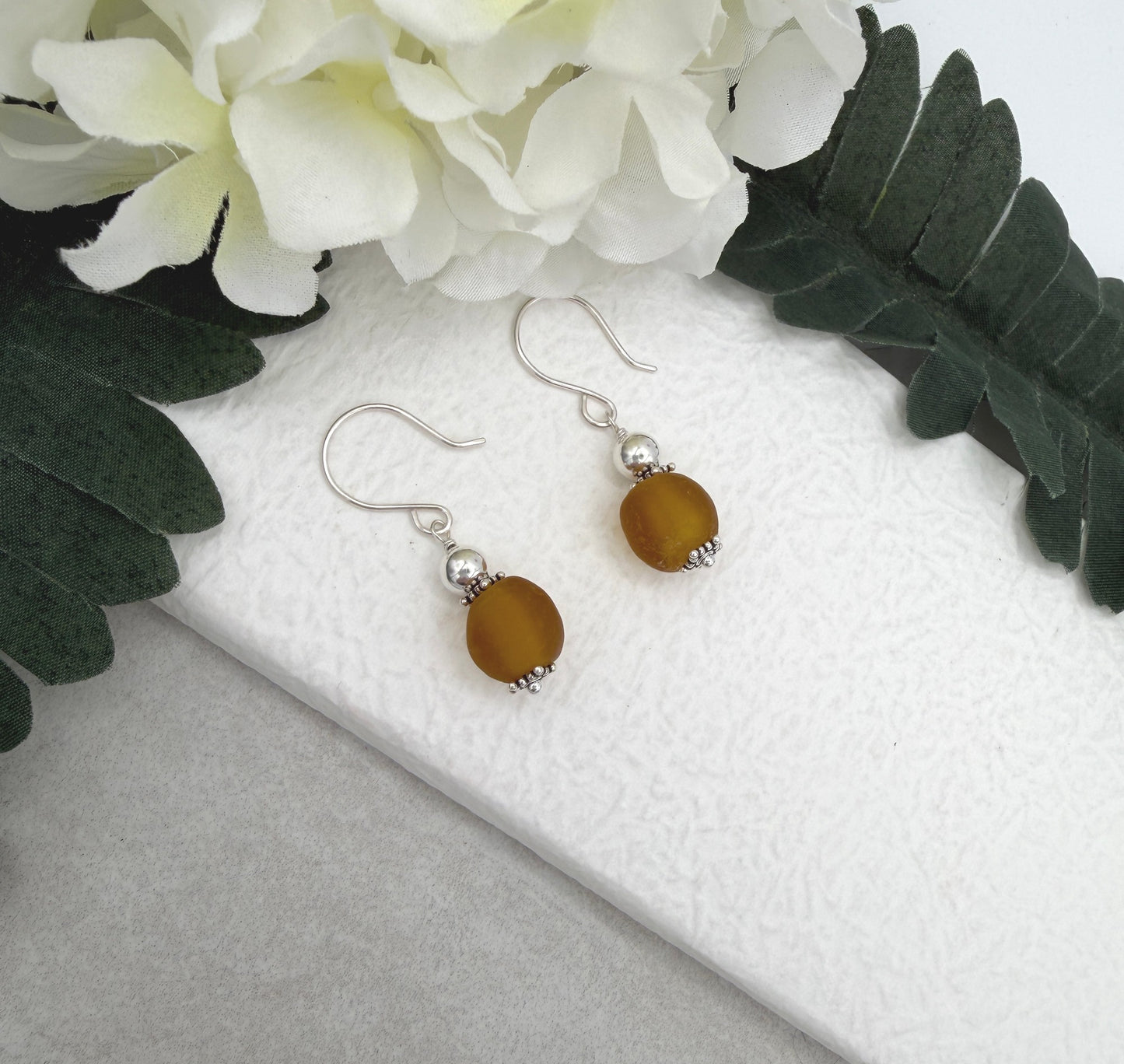 Earrings with Brown, Frosted Recycled Glass and Sterling Silver Beads on Sterling Silver Ear Wires HE-561