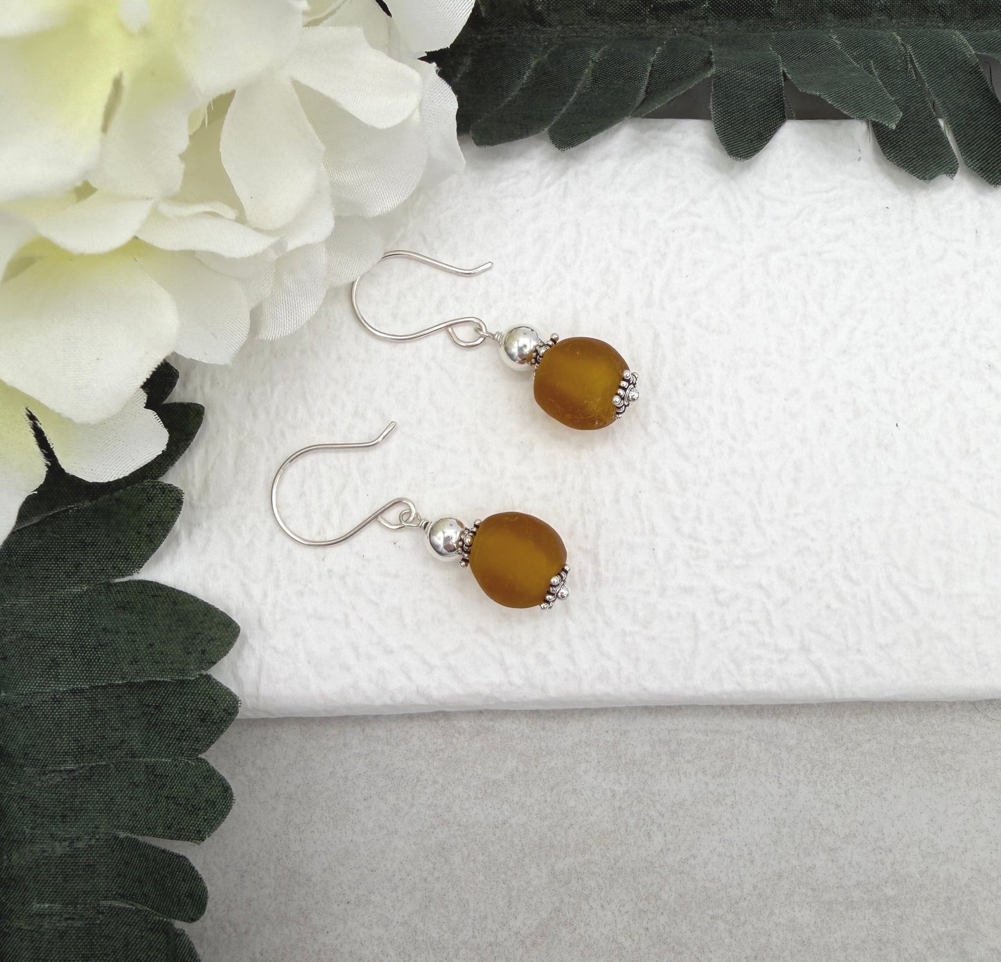 Earrings with Brown, Frosted Recycled Glass and Sterling Silver Beads on Sterling Silver Ear Wires HE-561