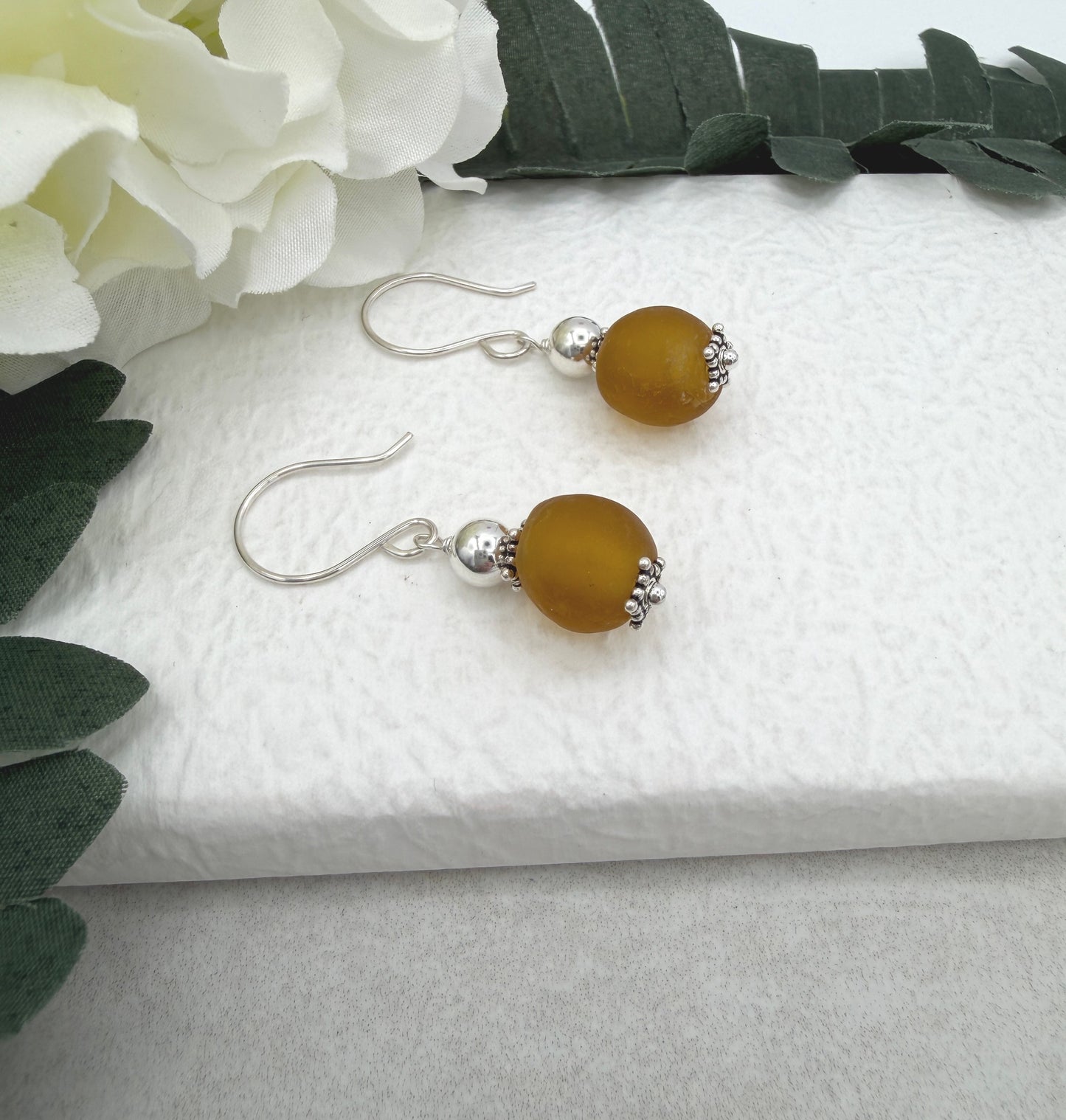 Earrings with Brown, Frosted Recycled Glass and Sterling Silver Beads on Sterling Silver Ear Wires HE-561