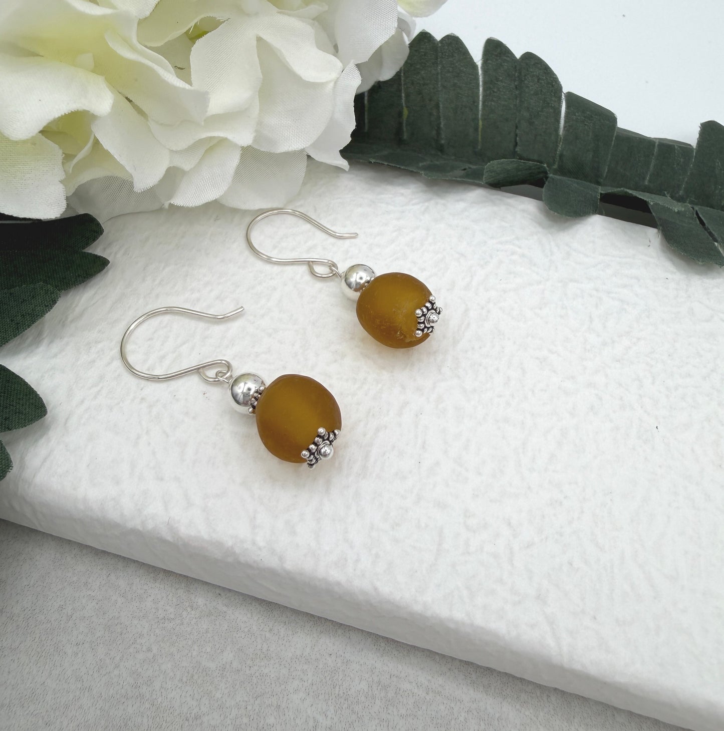 Earrings with Brown, Frosted Recycled Glass and Sterling Silver Beads on Sterling Silver Ear Wires HE-561
