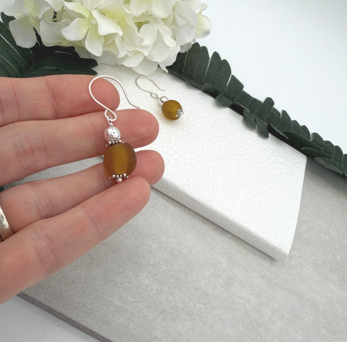 Earrings with Brown, Frosted Recycled Glass and Sterling Silver Beads on Sterling Silver Ear Wires HE-561