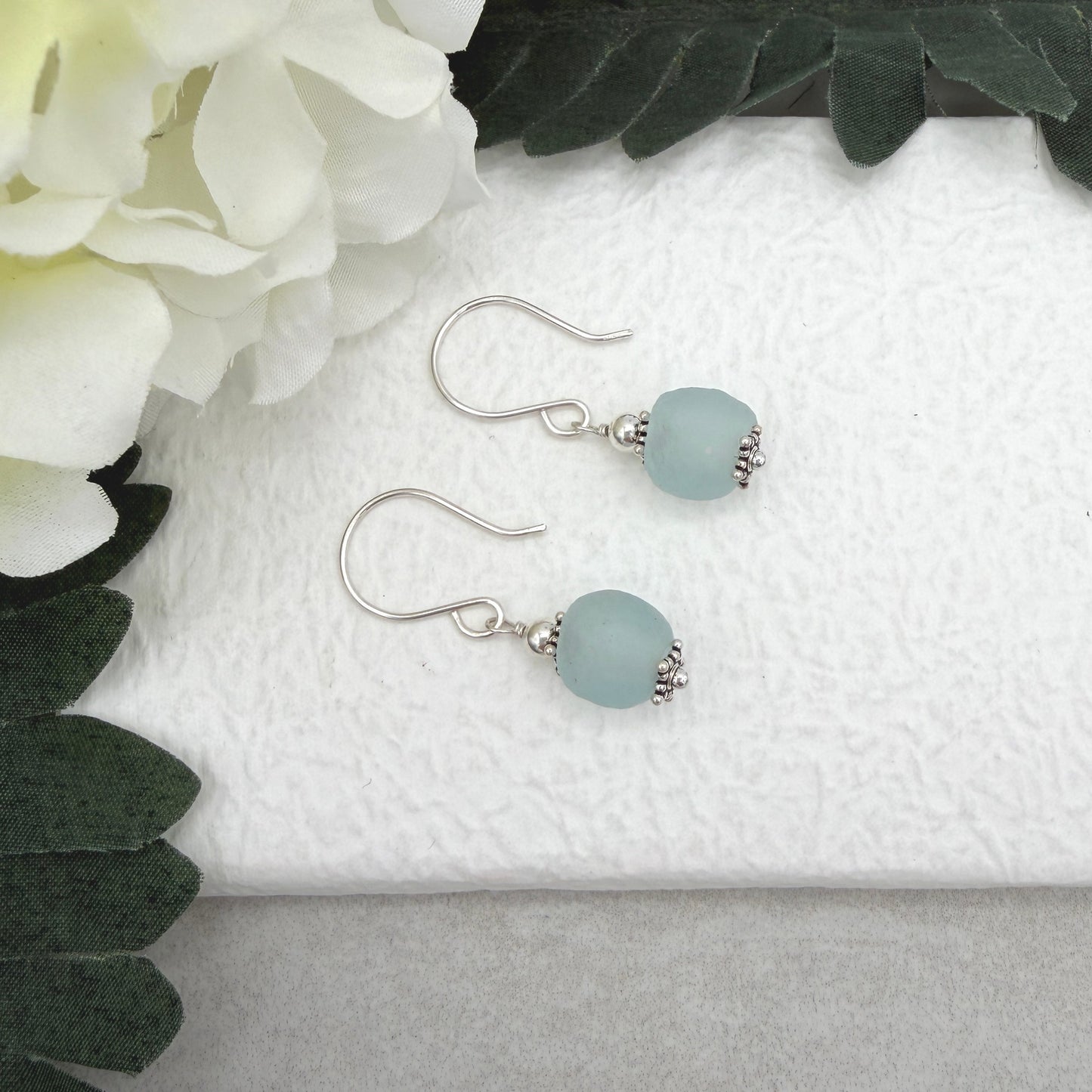 Earrings with Blue, Frosted Recycled Glass and Sterling Silver Beads on Sterling Silver Ear Wires HE-562