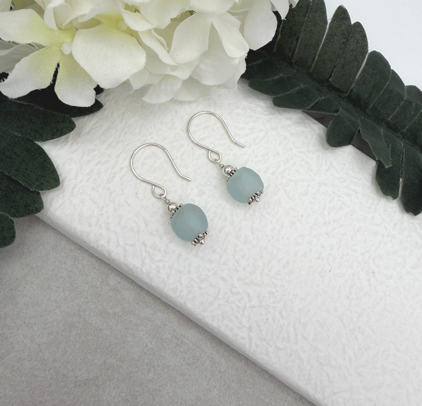 Earrings with Blue, Frosted Recycled Glass and Sterling Silver Beads on Sterling Silver Ear Wires HE-562