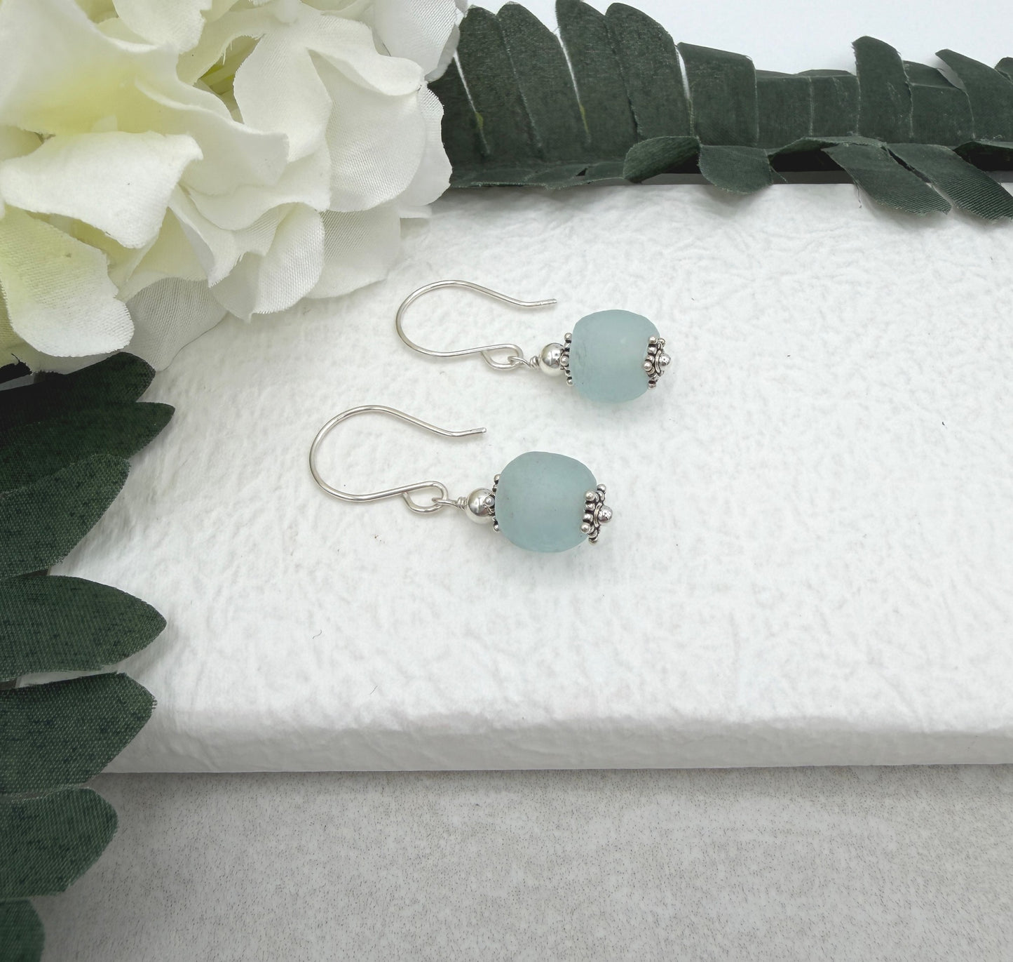 Earrings with Blue, Frosted Recycled Glass and Sterling Silver Beads on Sterling Silver Ear Wires HE-562