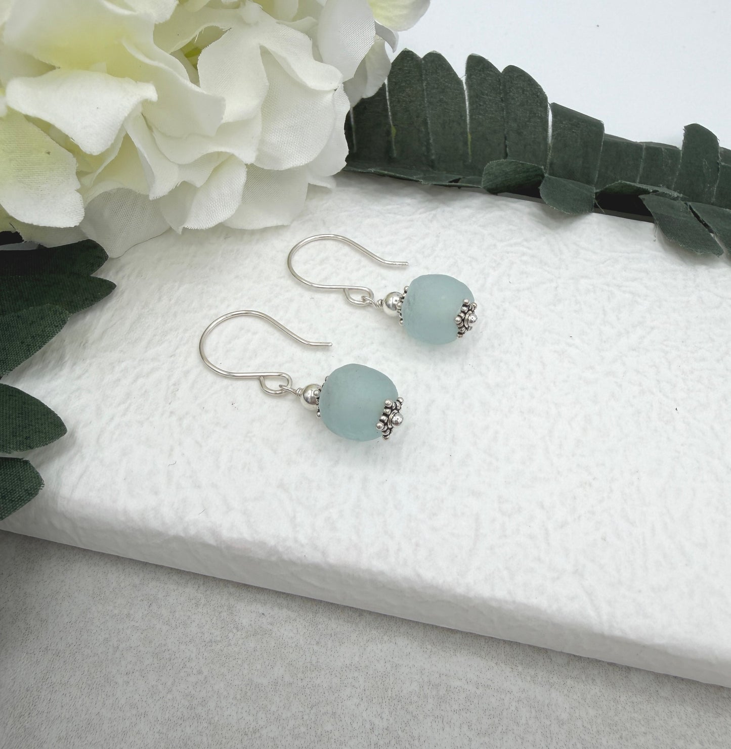 Earrings with Blue, Frosted Recycled Glass and Sterling Silver Beads on Sterling Silver Ear Wires HE-562