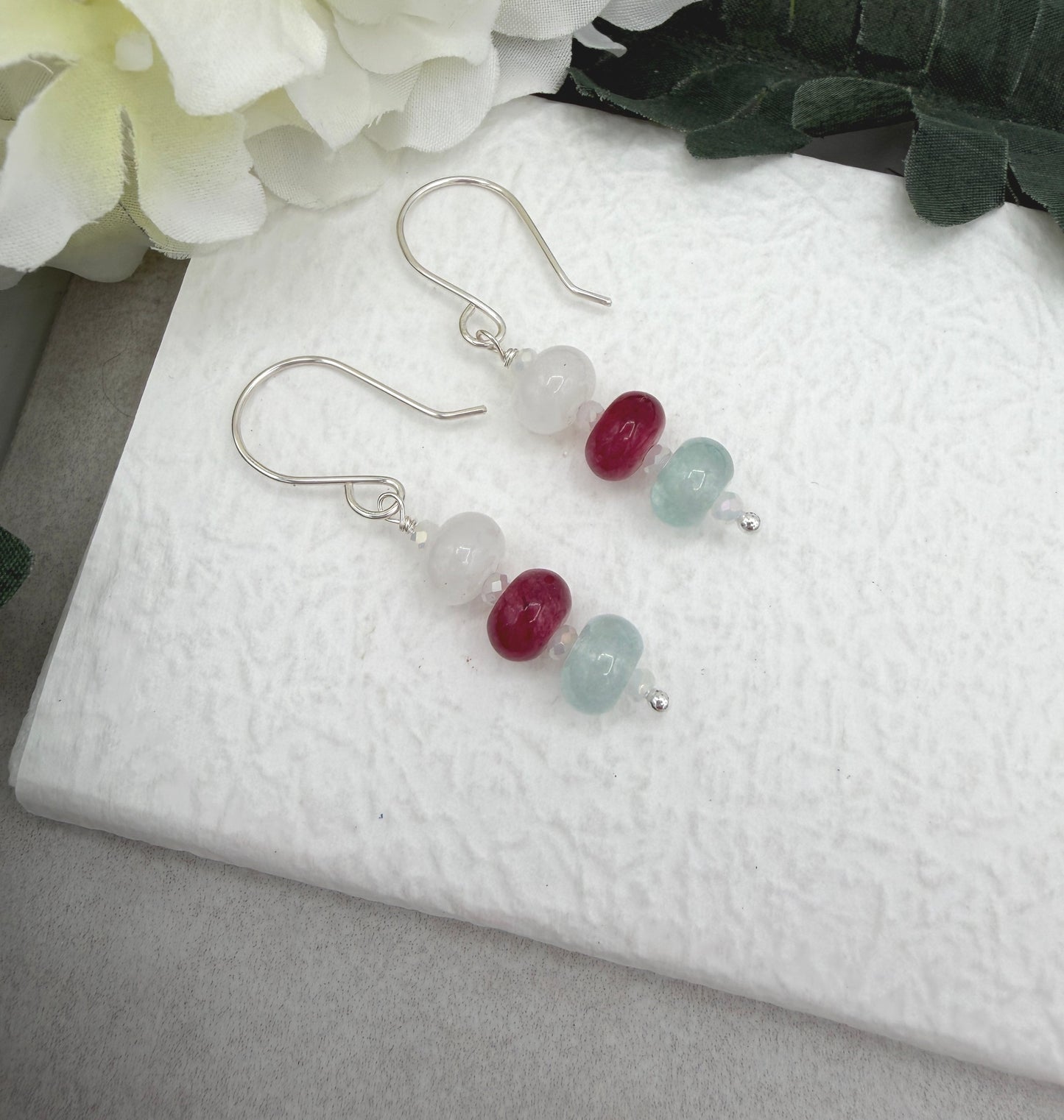 Earrings with White, Pink and Blue Jade rondelles and Sterling Silver Ear Wires HE-567