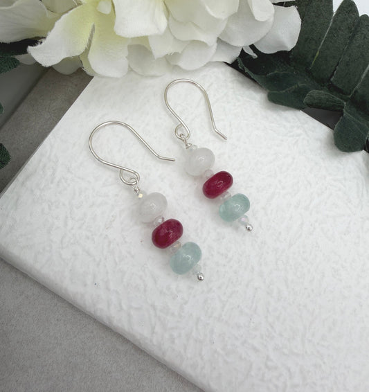 Earrings with White, Pink and Blue Jade rondelles and Sterling Silver Ear Wires HE-567