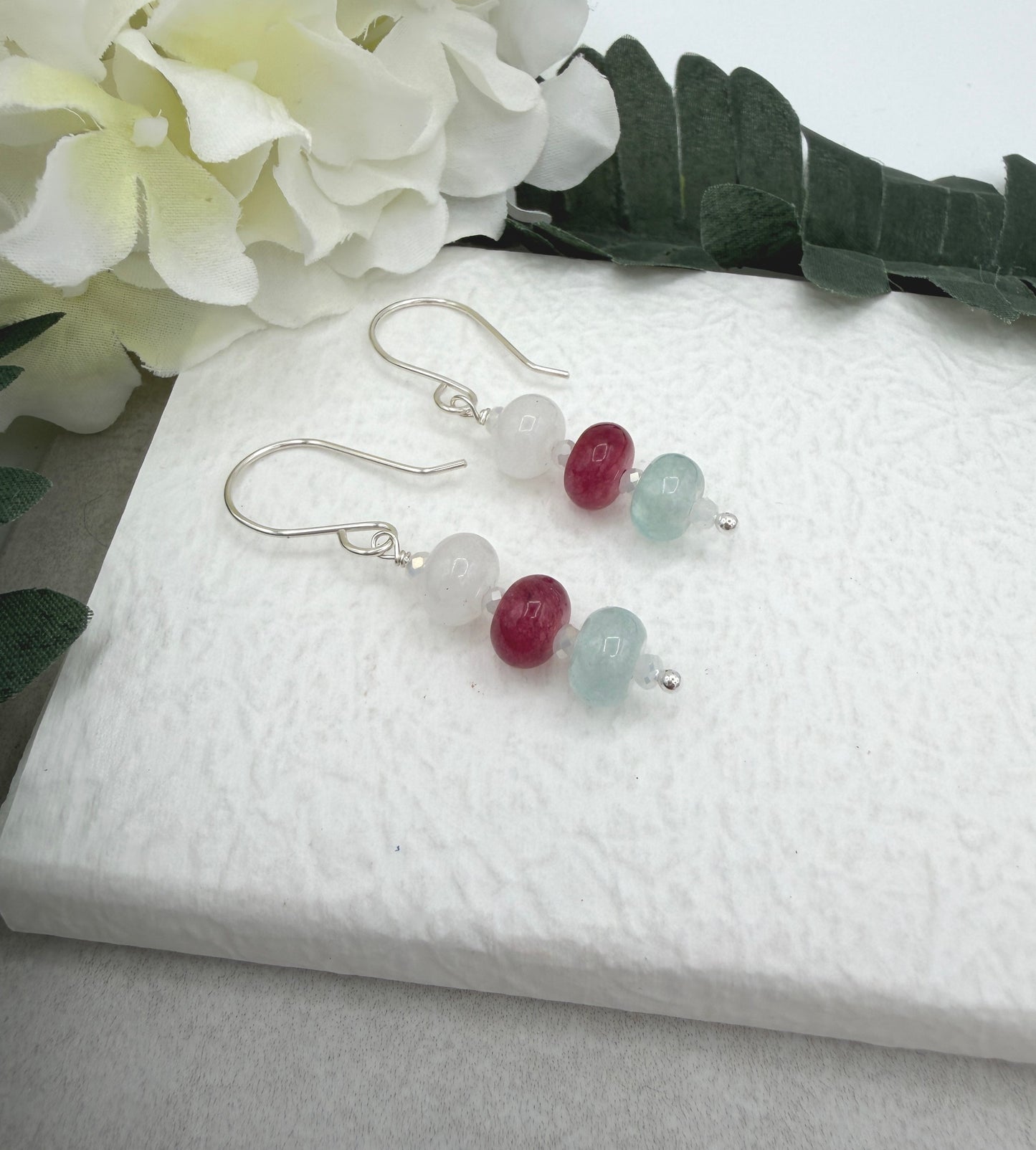 Earrings with White, Pink and Blue Jade rondelles and Sterling Silver Ear Wires HE-567