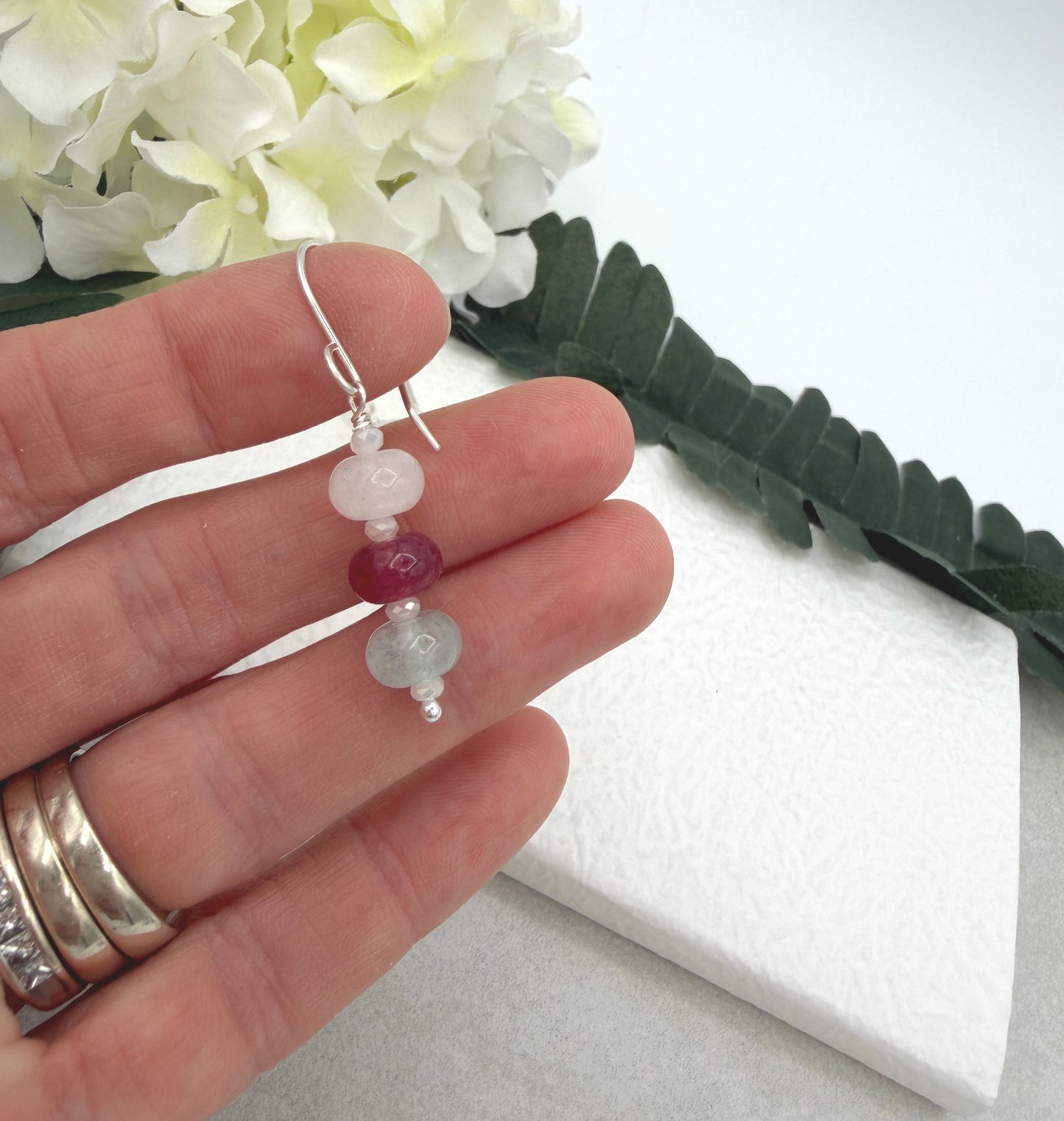 Earrings with White, Pink and Blue Jade rondelles and Sterling Silver Ear Wires HE-567