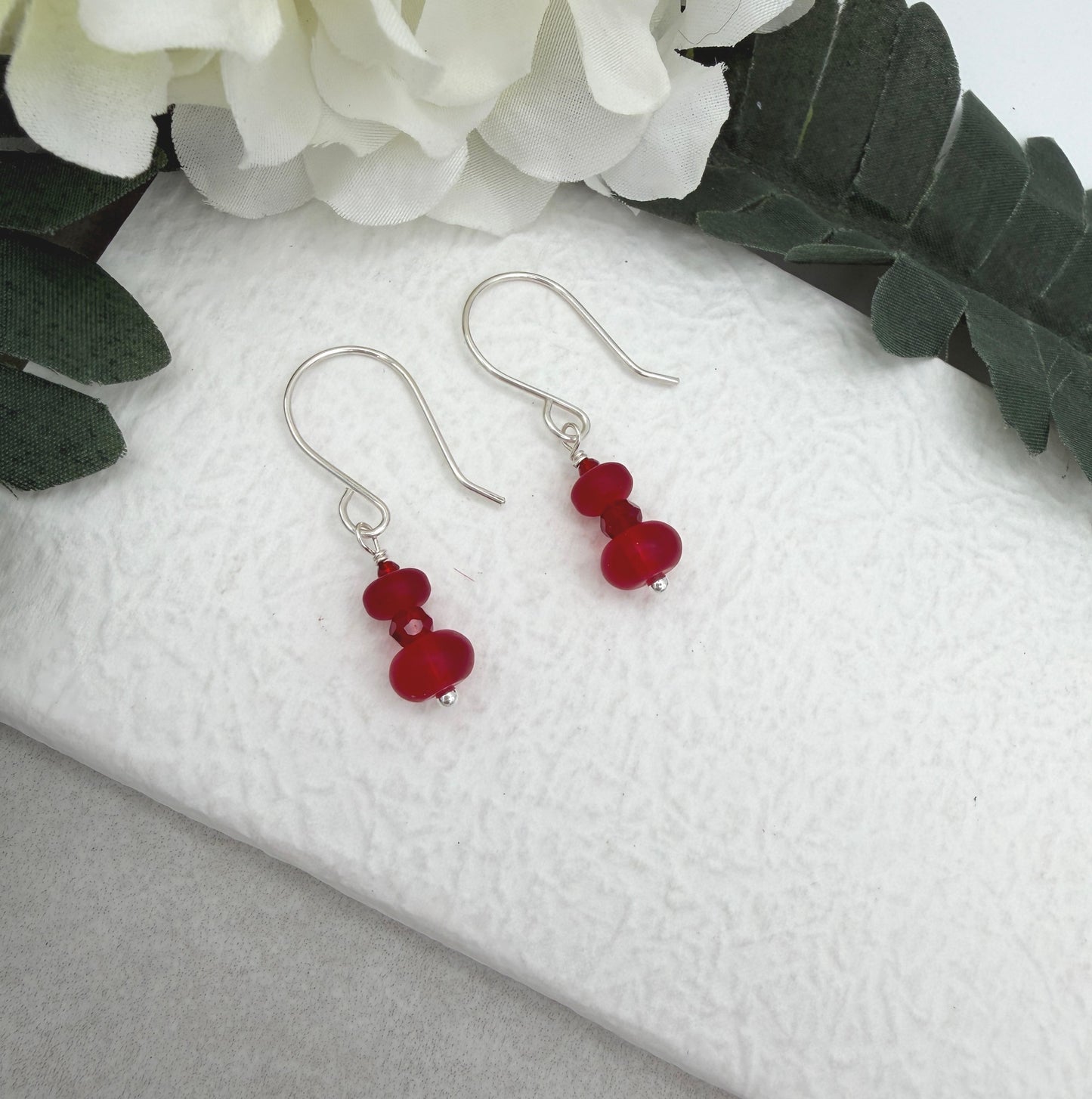 Earrings with Frosted Red Glass and Red Crystal on Sterling Silver Ear Wires HE-568